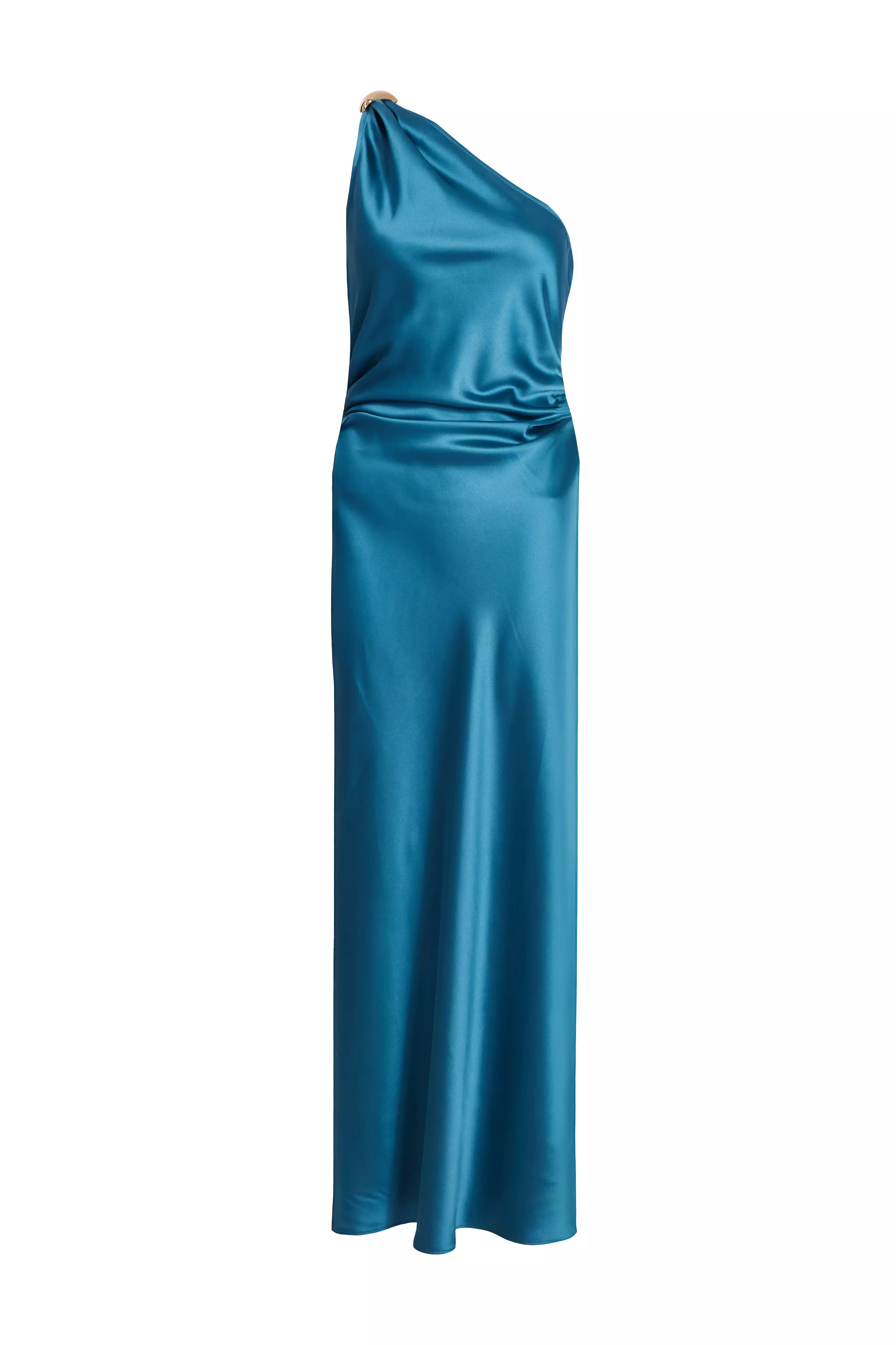 Teal Satin One Shoulder Midaxi Dress