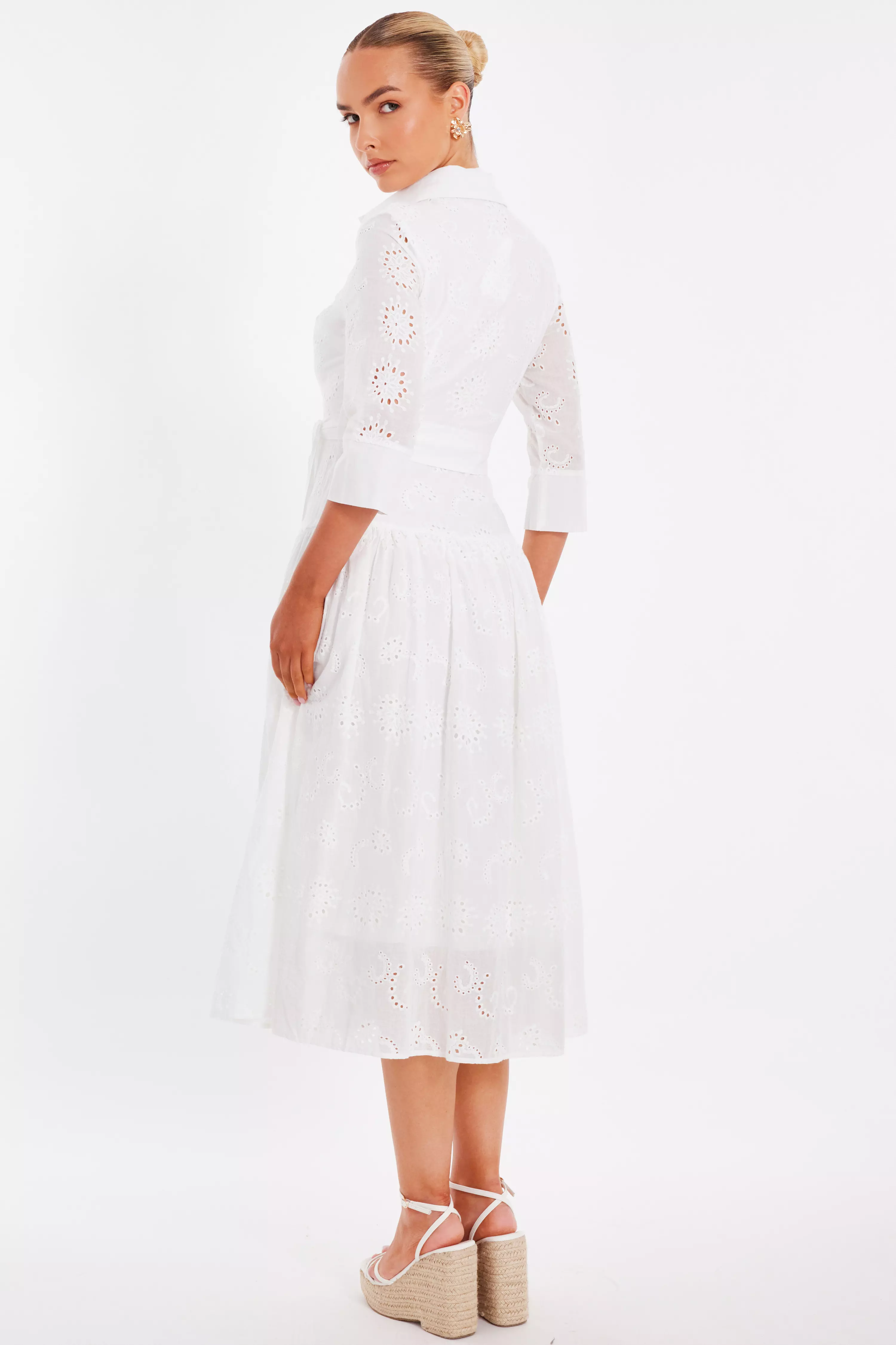White Embroidered Midaxi Shirt Dress
