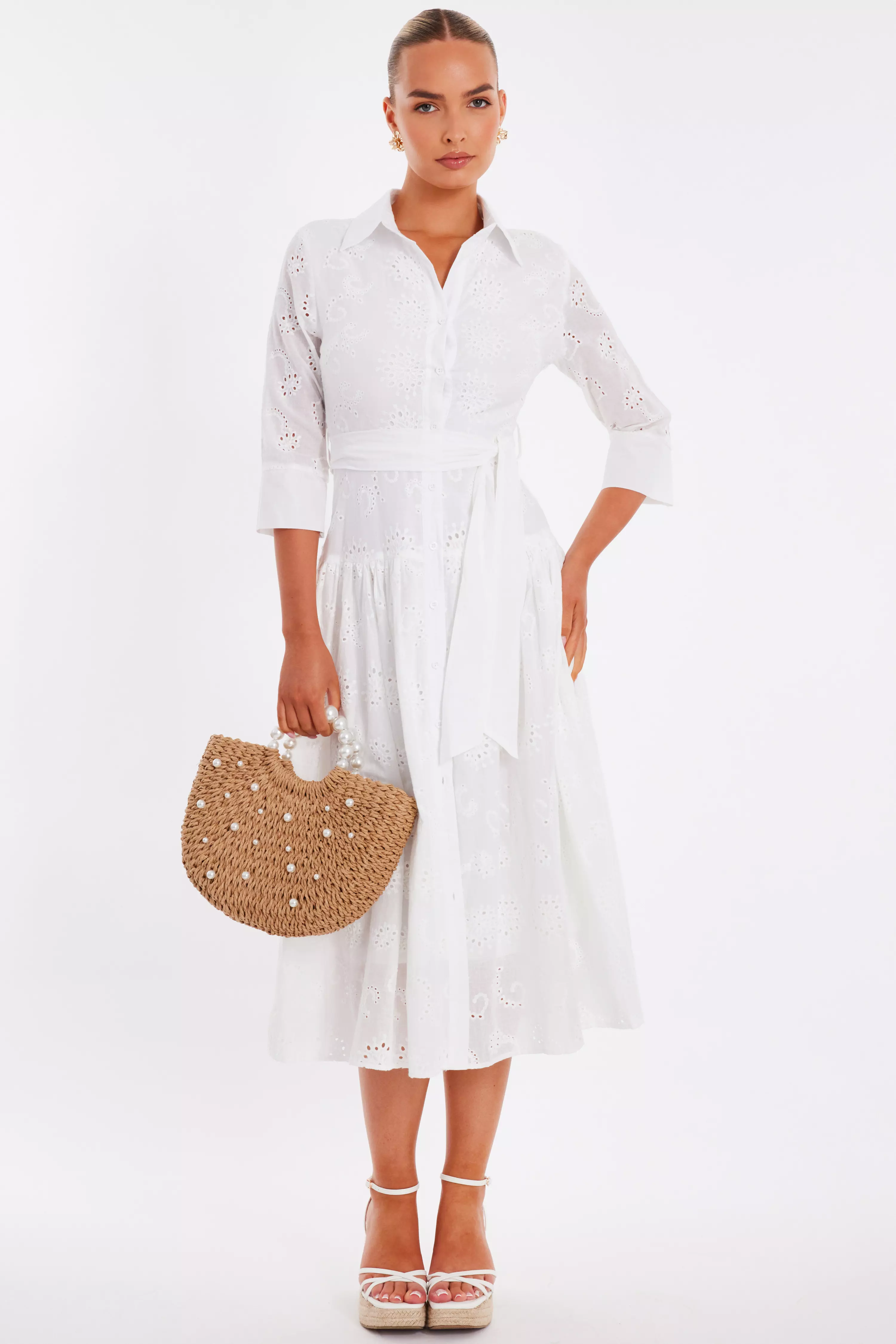 White Embroidered Midaxi Shirt Dress