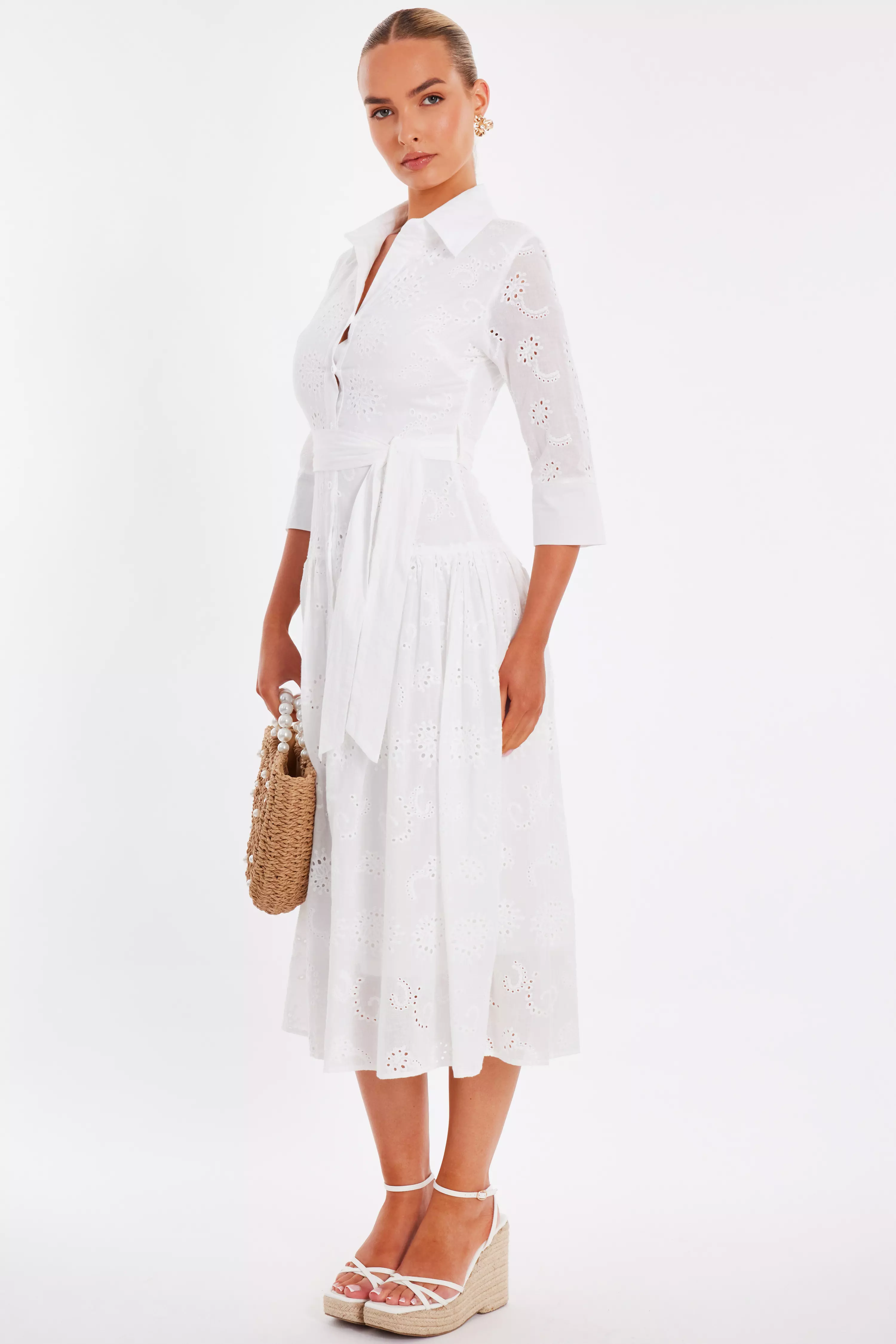 White Embroidered Midaxi Shirt Dress