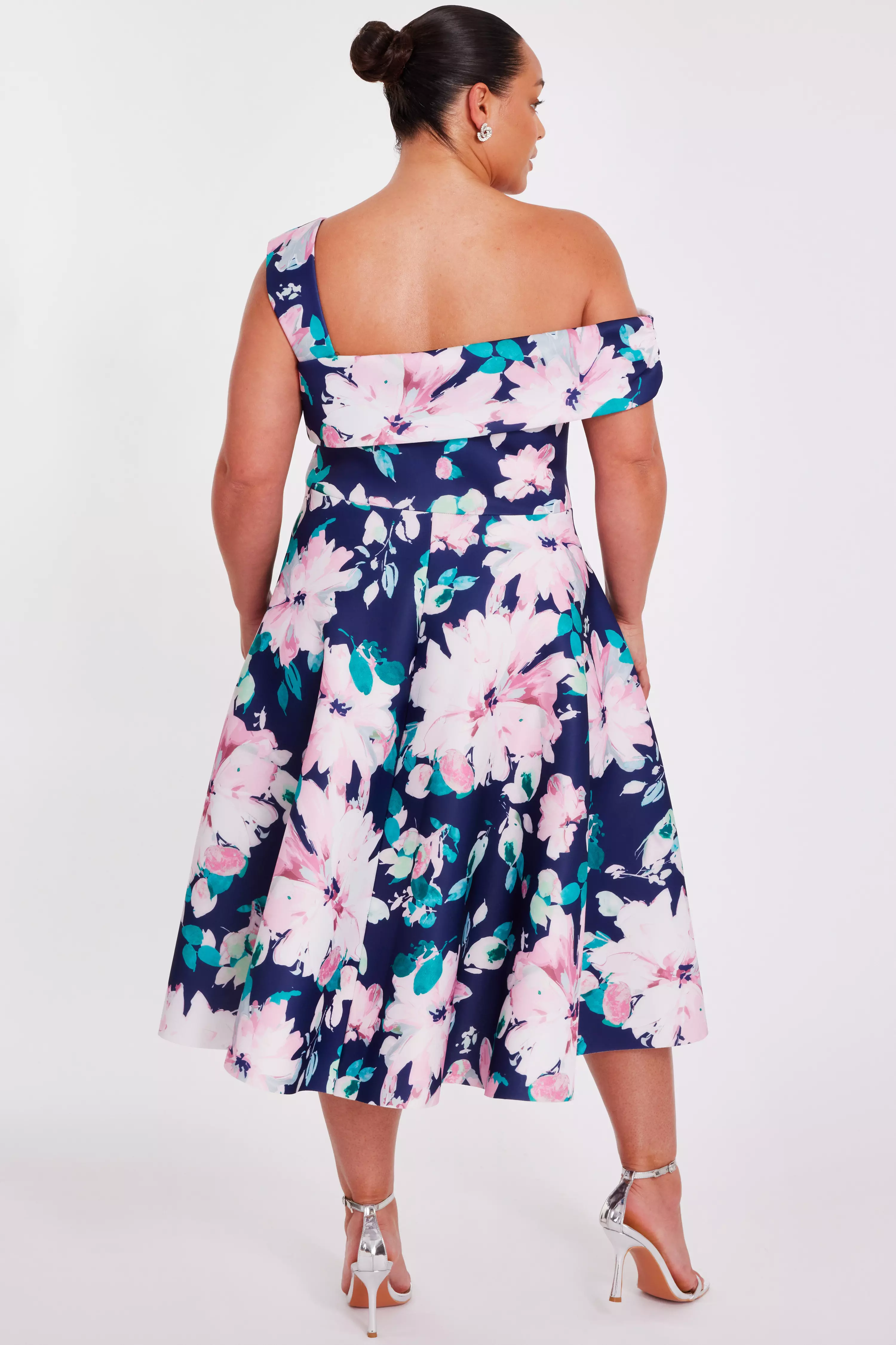 Curve Navy Floral Print Skater Dress