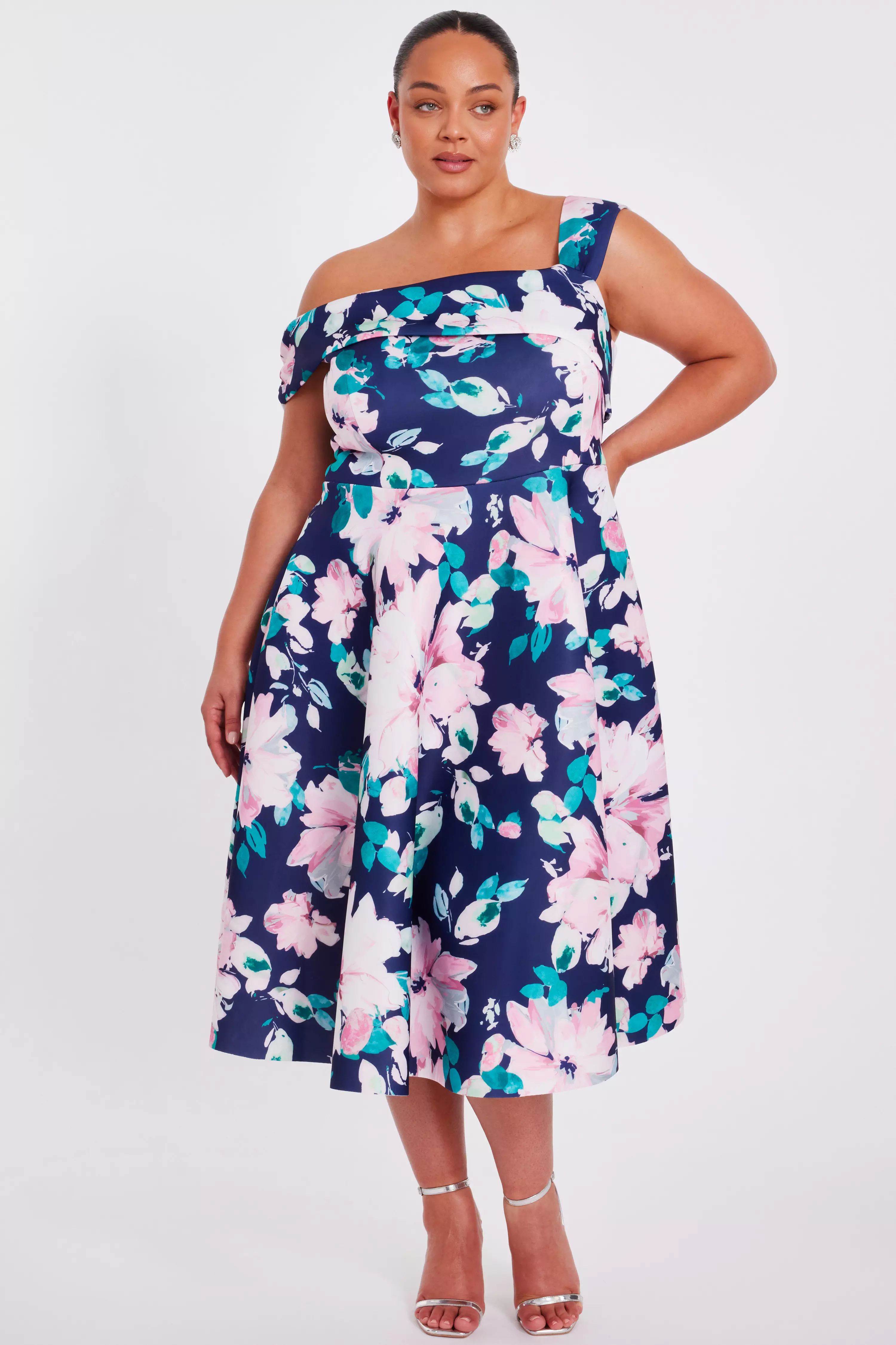 Curve Navy Floral Print Skater Dress