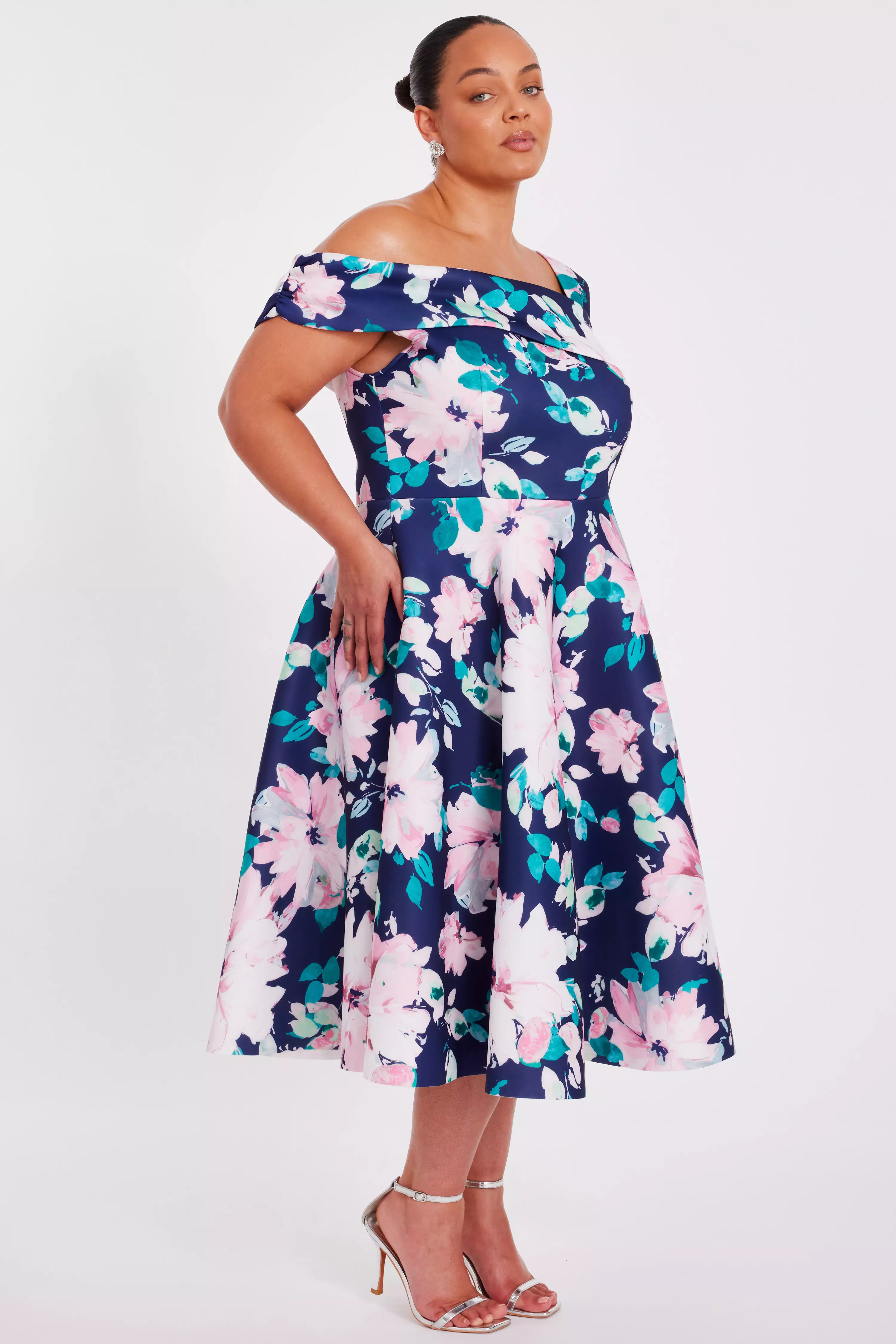 Curve Navy Floral Print Skater Dress