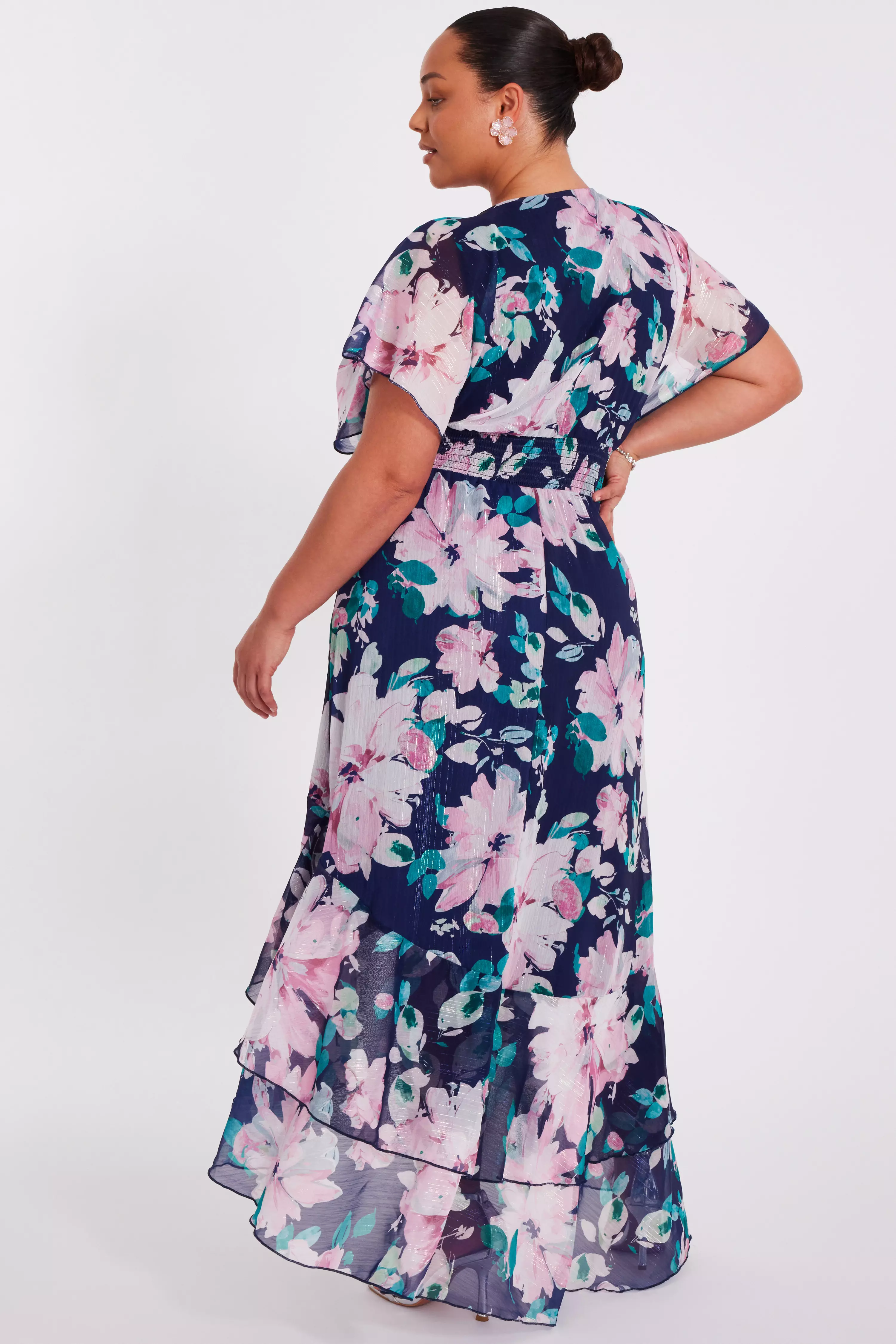 Curve Navy Floral Tiered Midi Dress