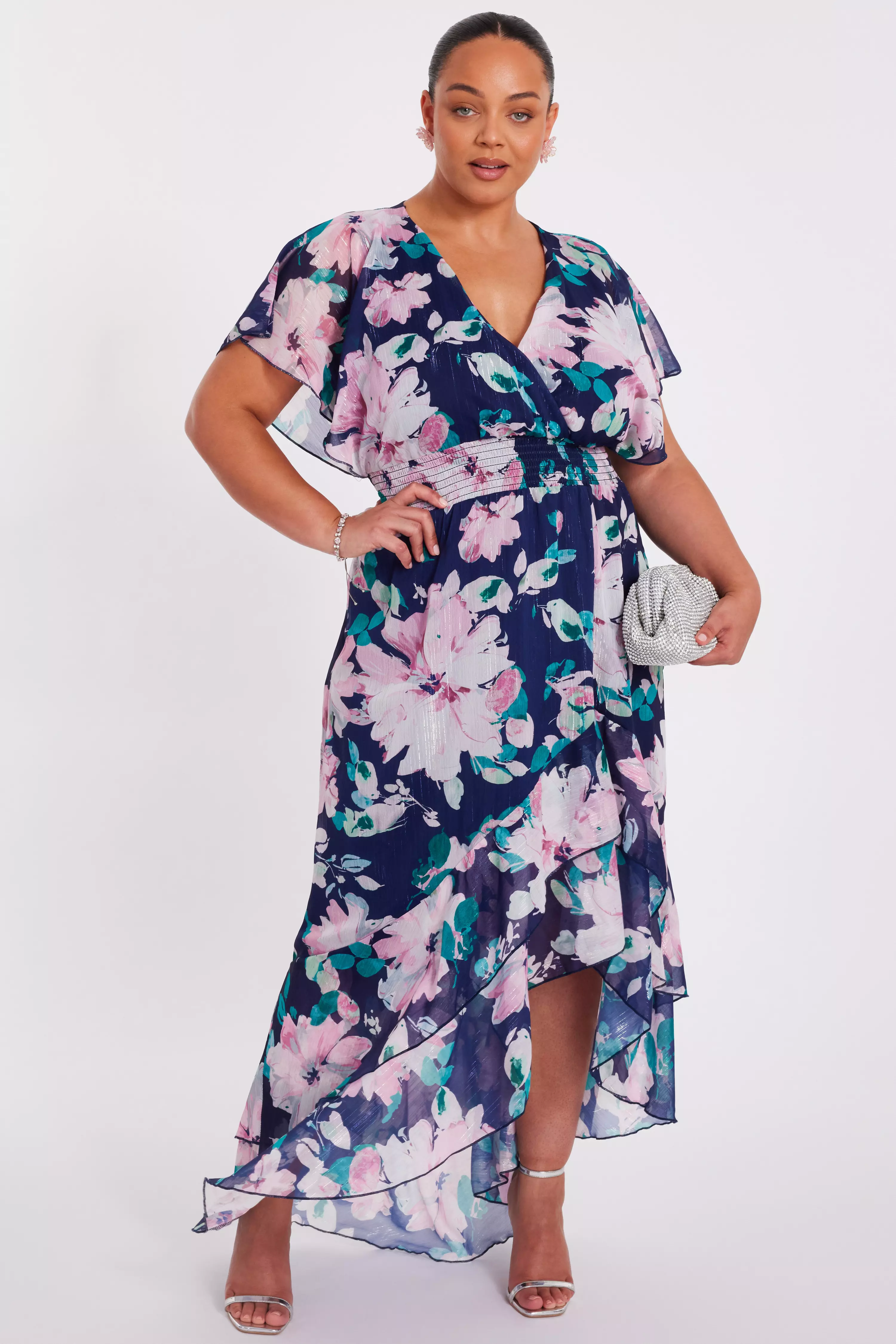 Curve Navy Floral Tiered Midi Dress