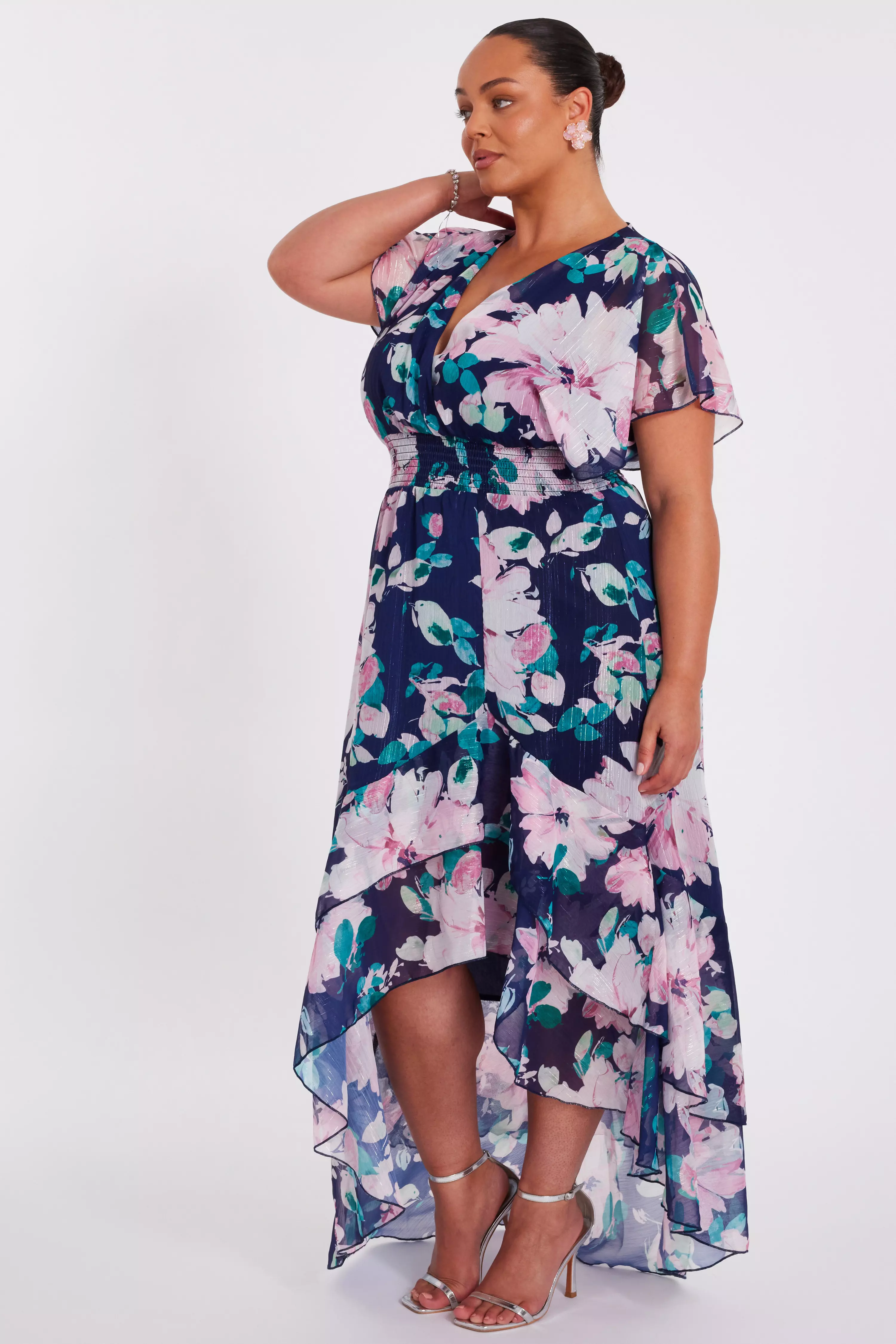 Curve Navy Floral Tiered Midi Dress