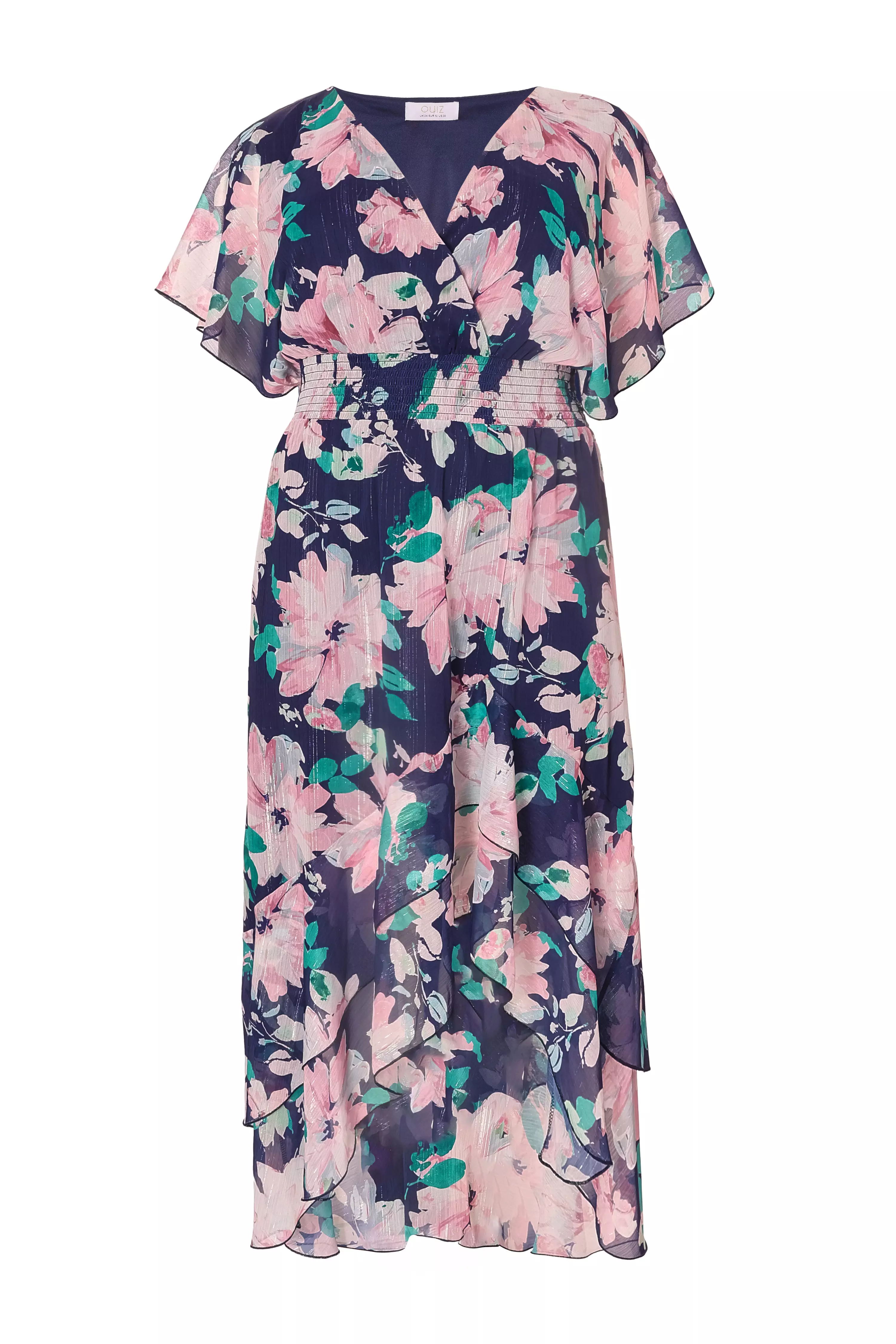 Curve Navy Floral Tiered Midi Dress