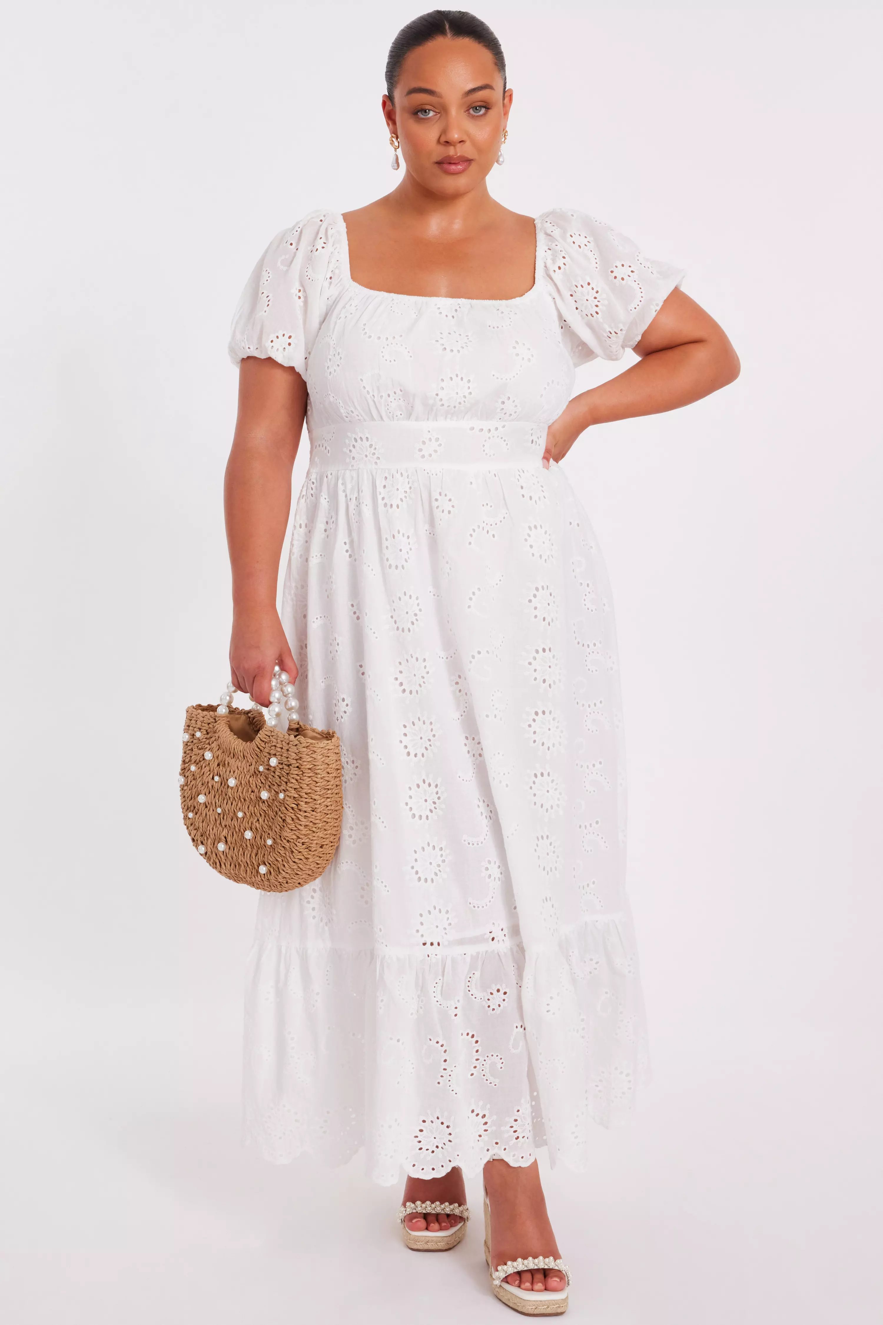 Curve White Embroidered Midi Dress