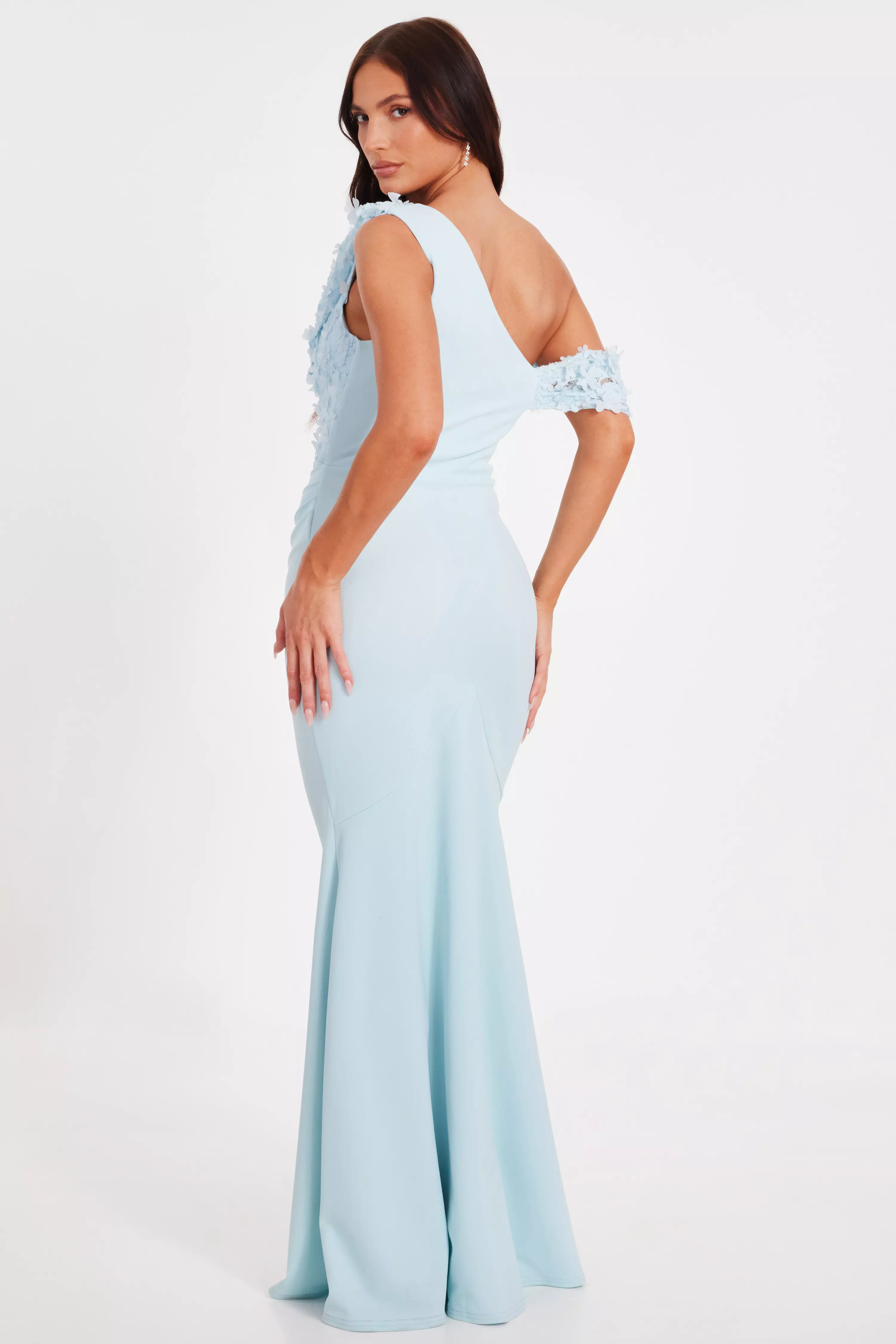 Light Blue Floral Ruched Maxi Dress