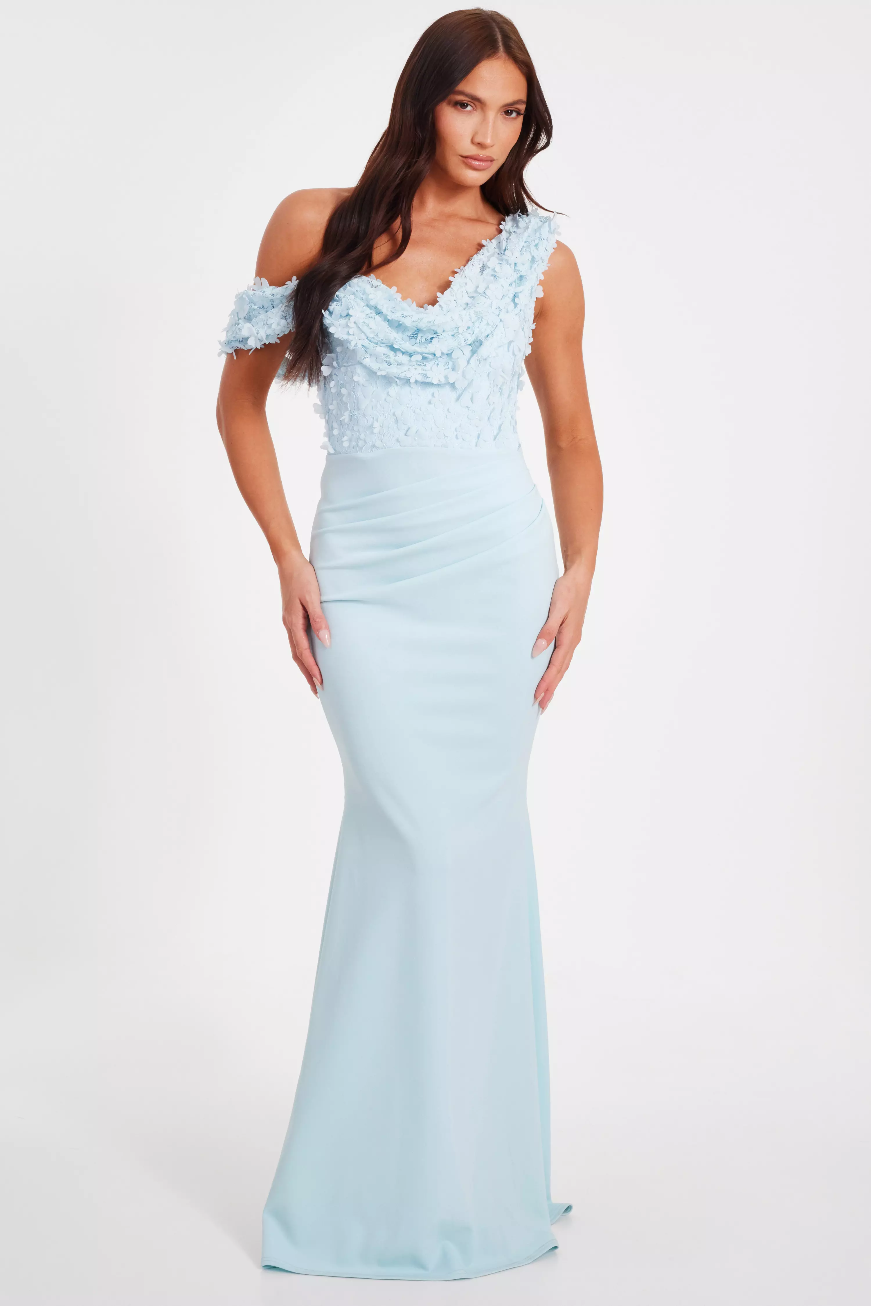 Light Blue Floral Ruched Maxi Dress