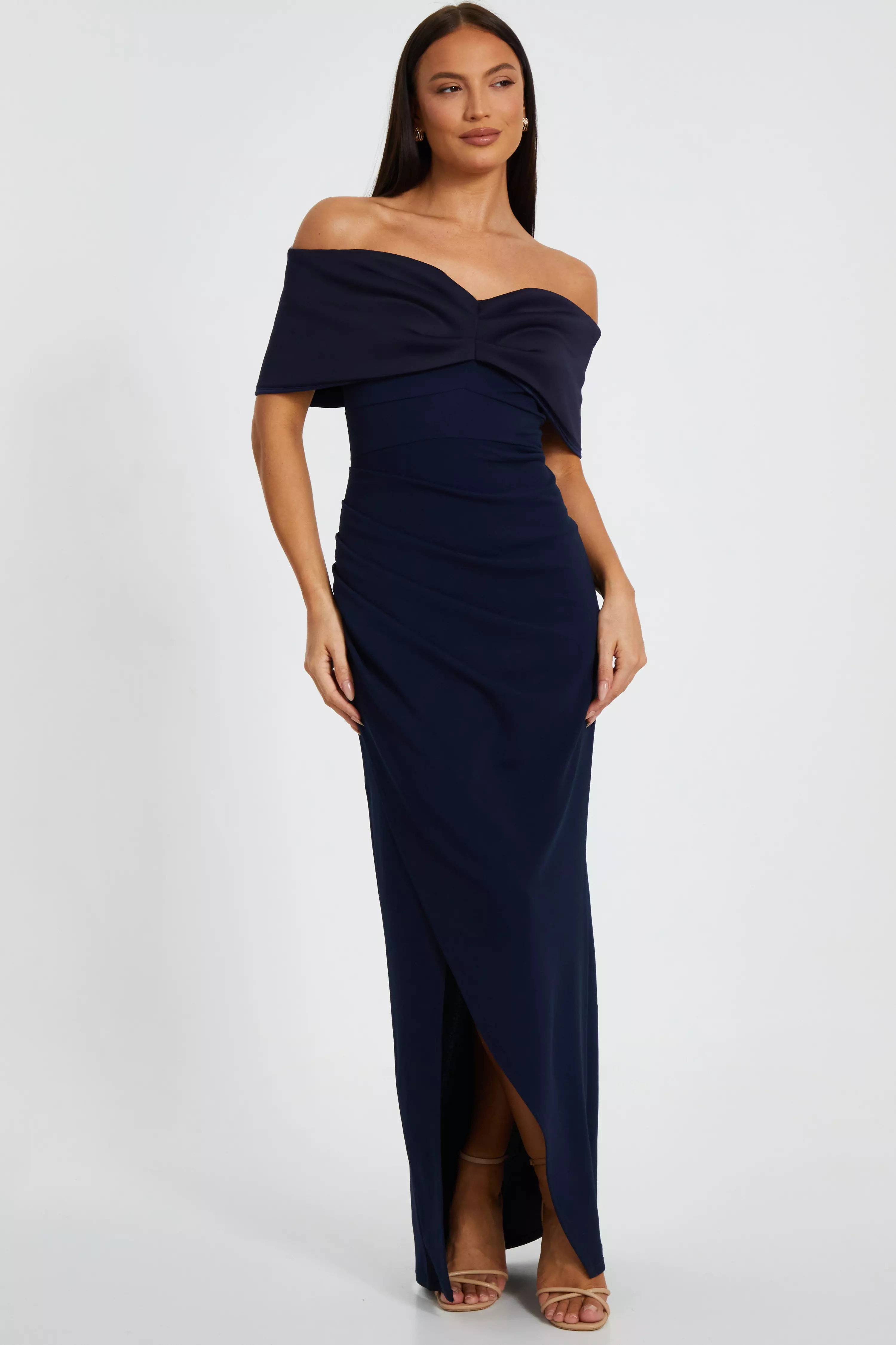 Navy Bardot Front Wrap Maxi Dress