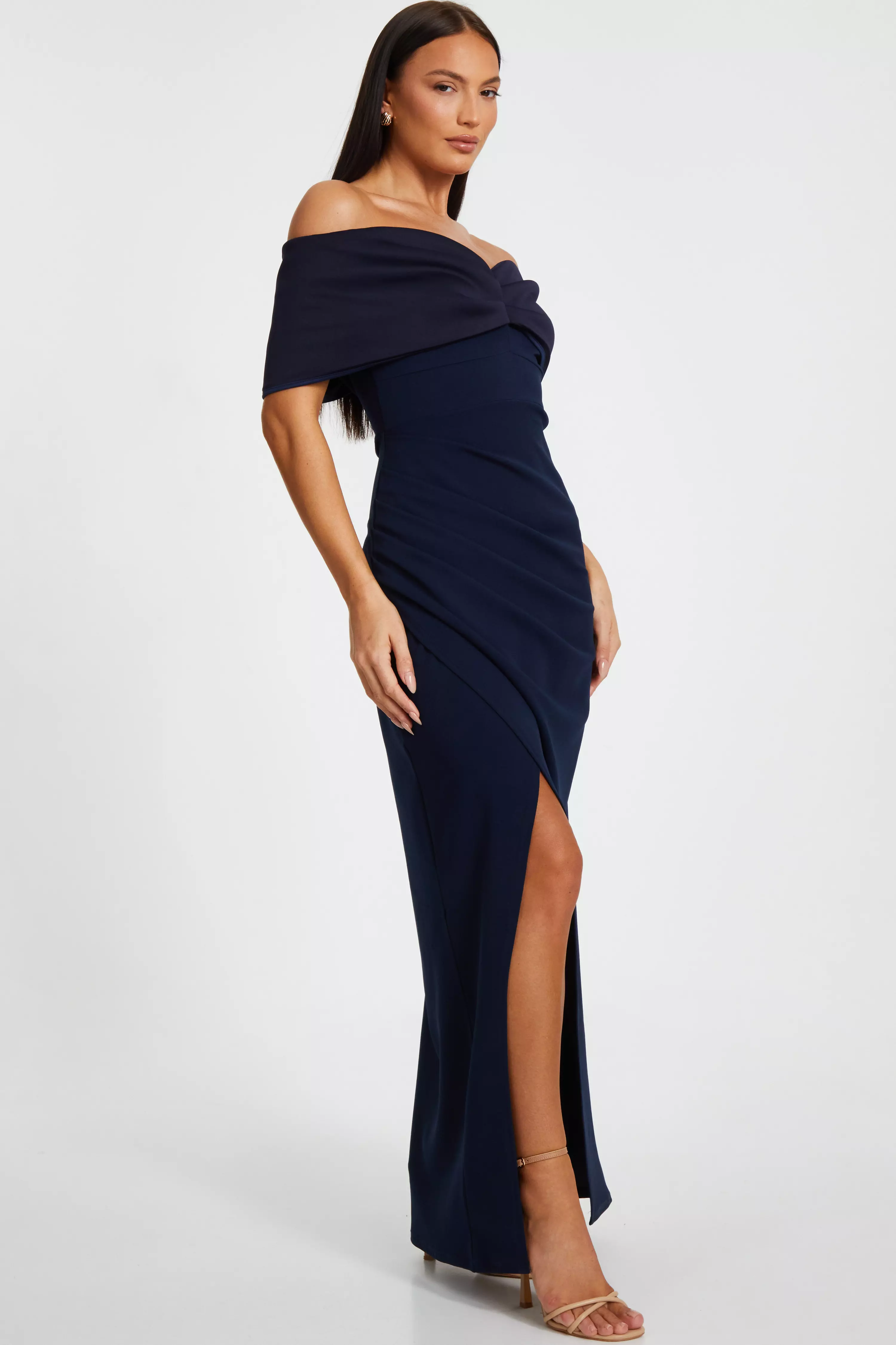 Navy Bardot Front Wrap Maxi Dress