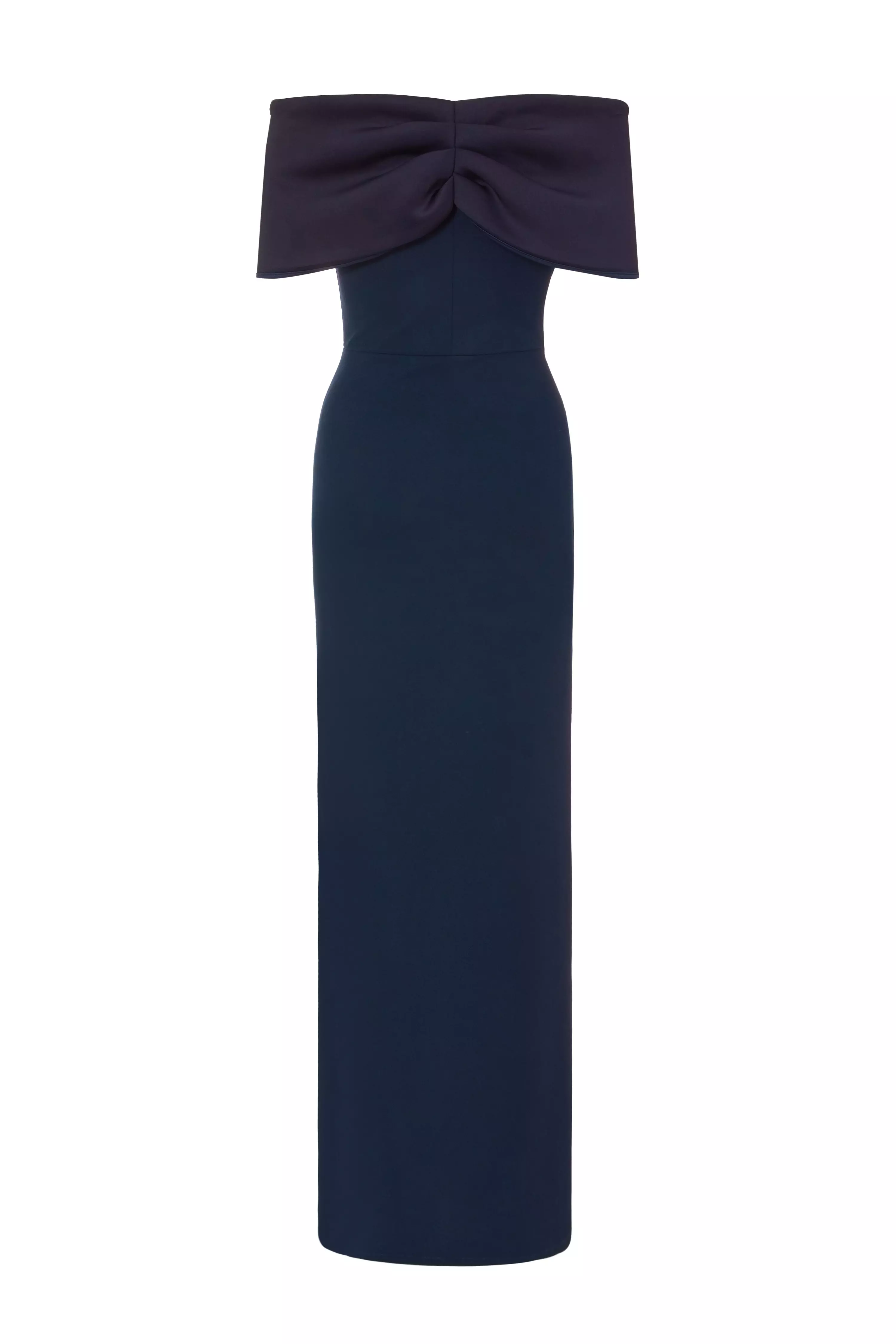 Navy Bardot Front Wrap Maxi Dress