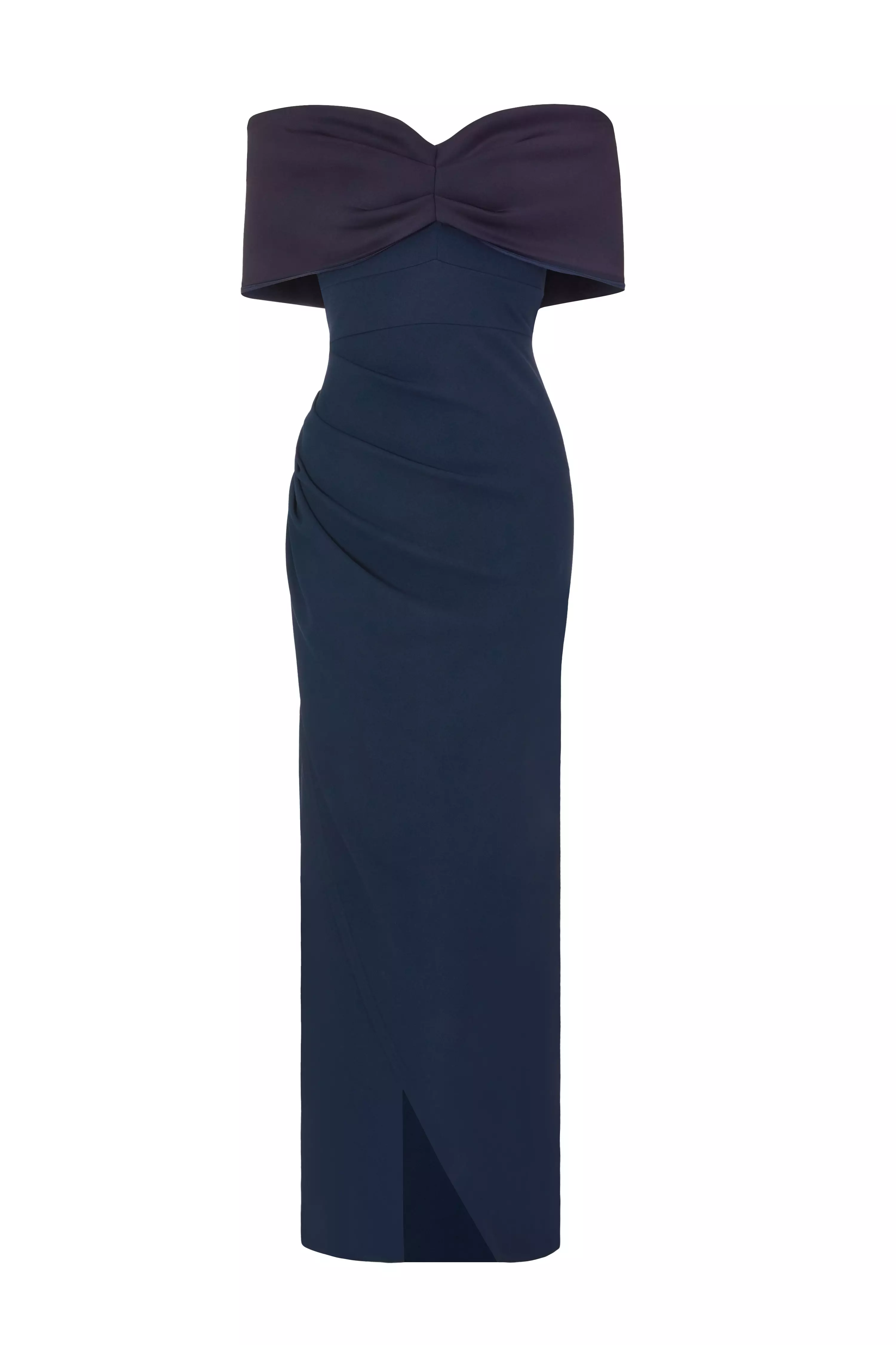 Navy Bardot Front Wrap Maxi Dress