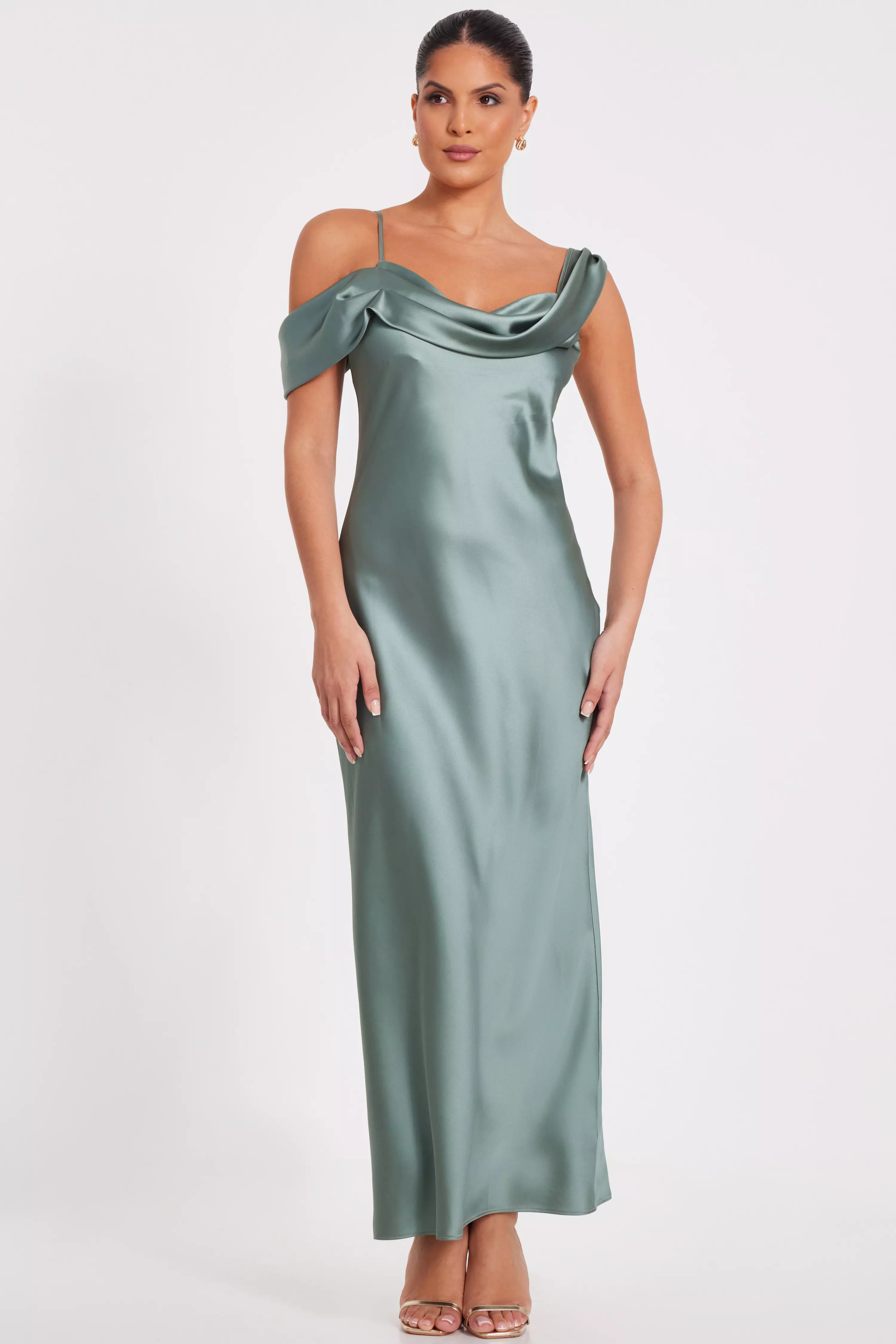 Sage Satin Drop Shoulder Maxi Dress