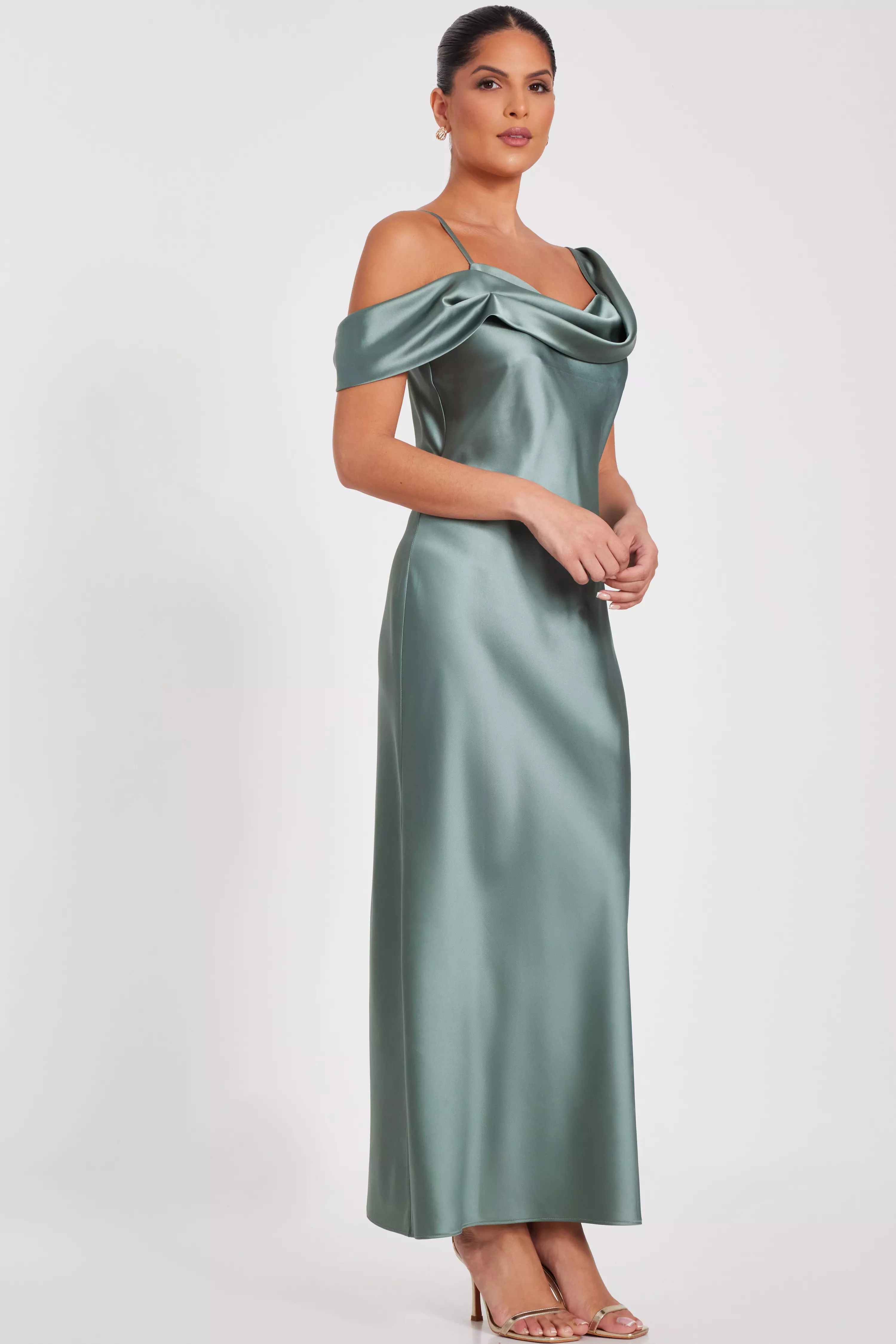 Sage Satin Drop Shoulder Maxi Dress