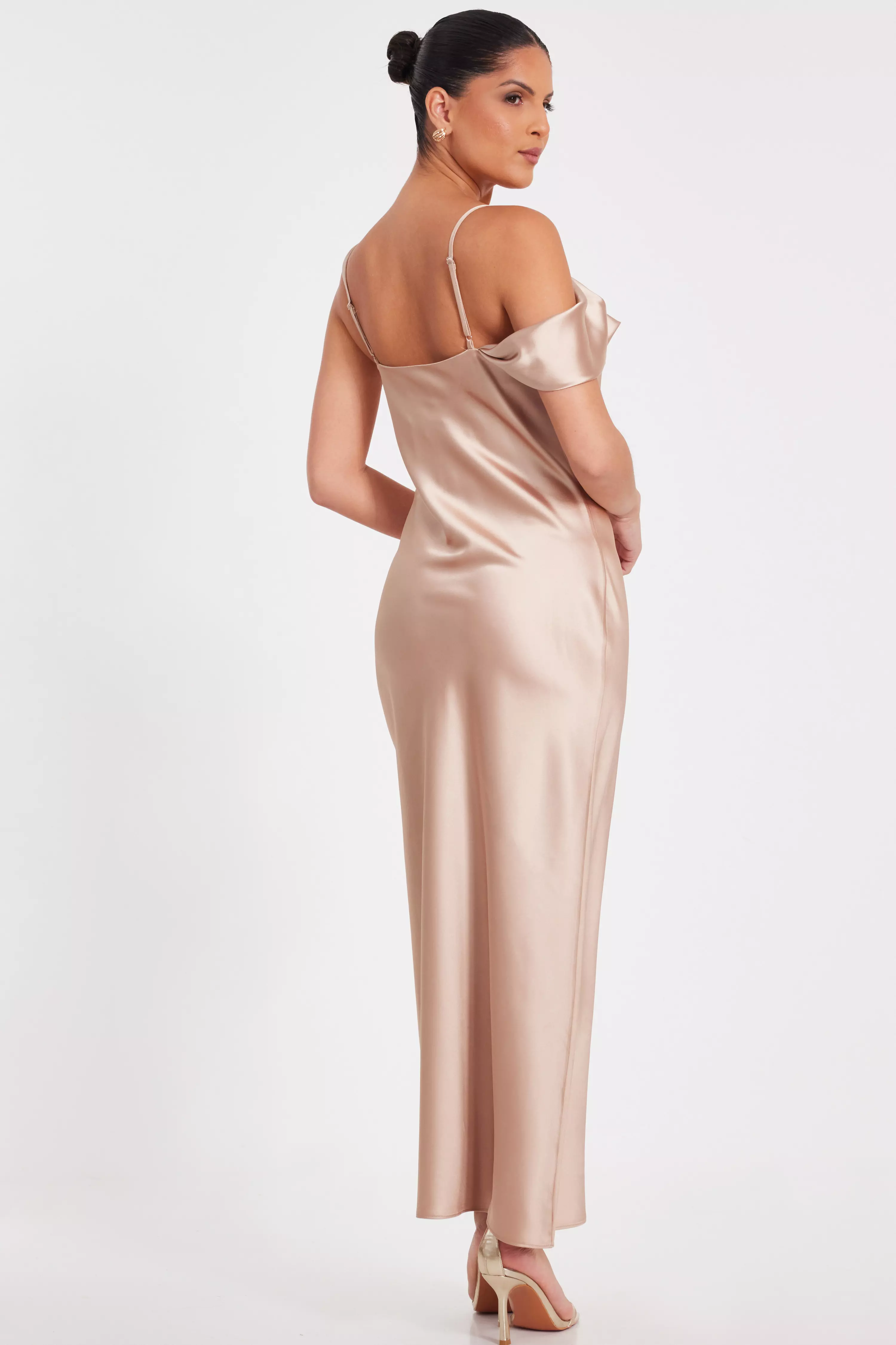 Champagne Satin Drop Shoulder Maxi Dress
