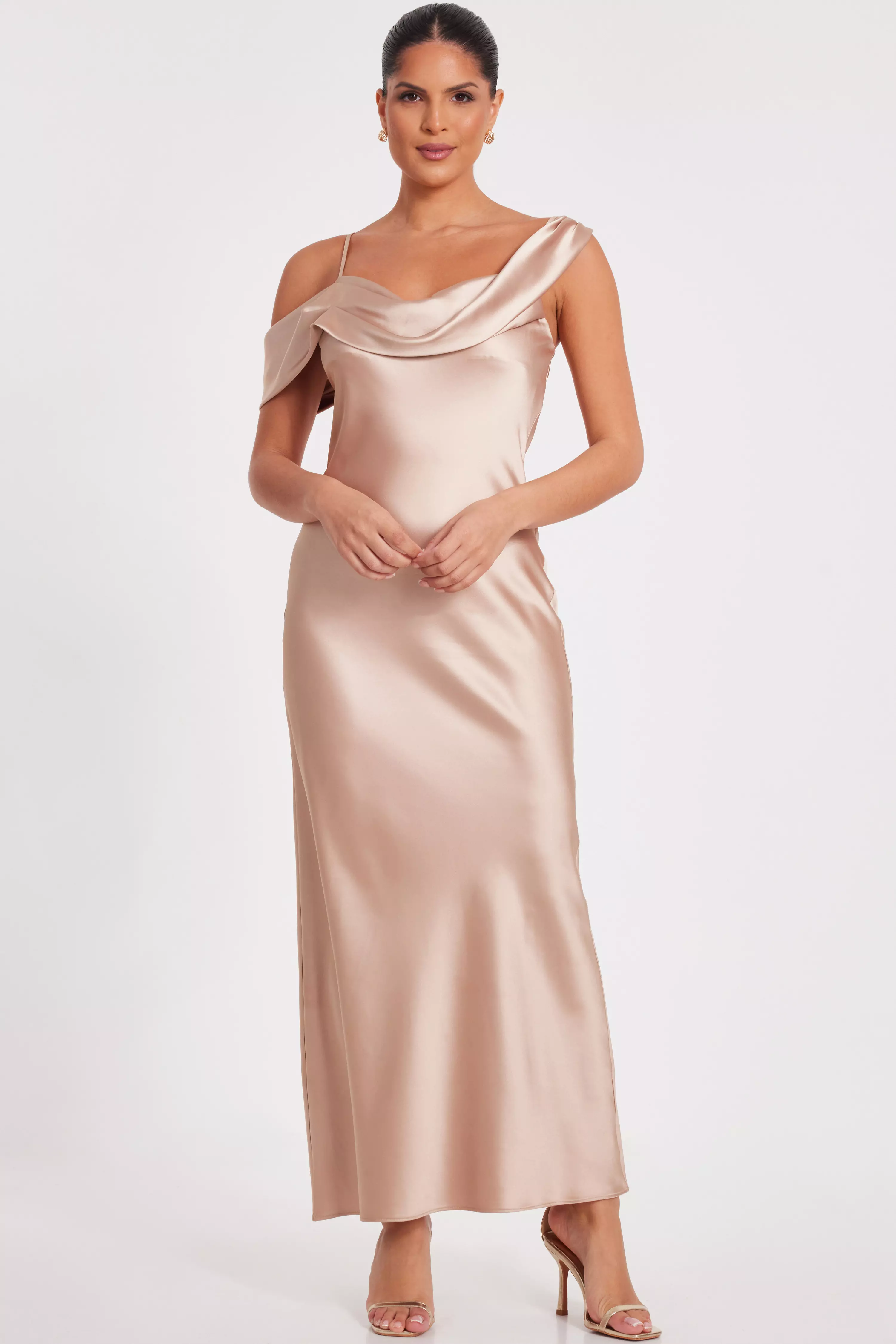 Champagne Satin Drop Shoulder Maxi Dress