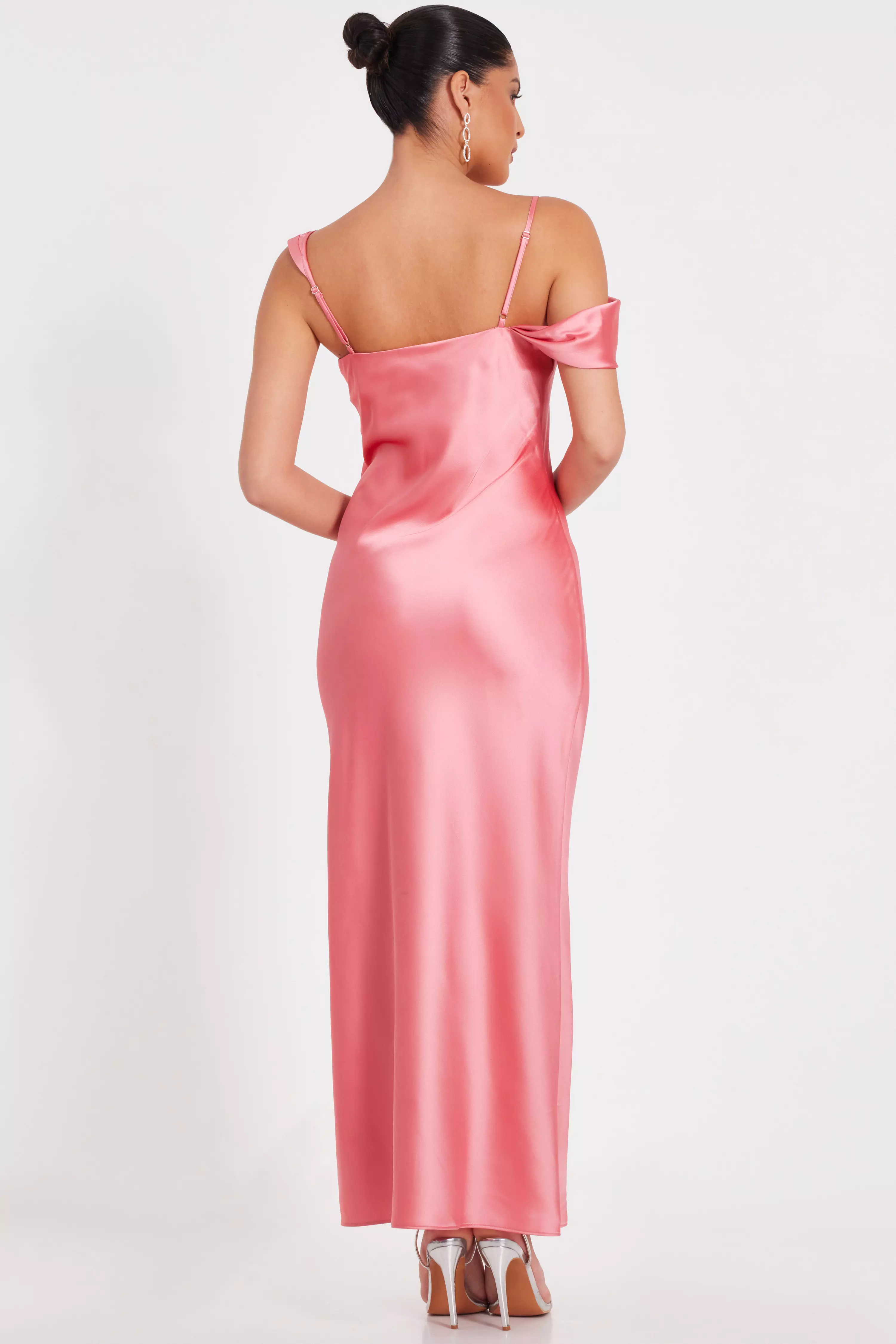Coral Satin Drop Shoulder Maxi Dress