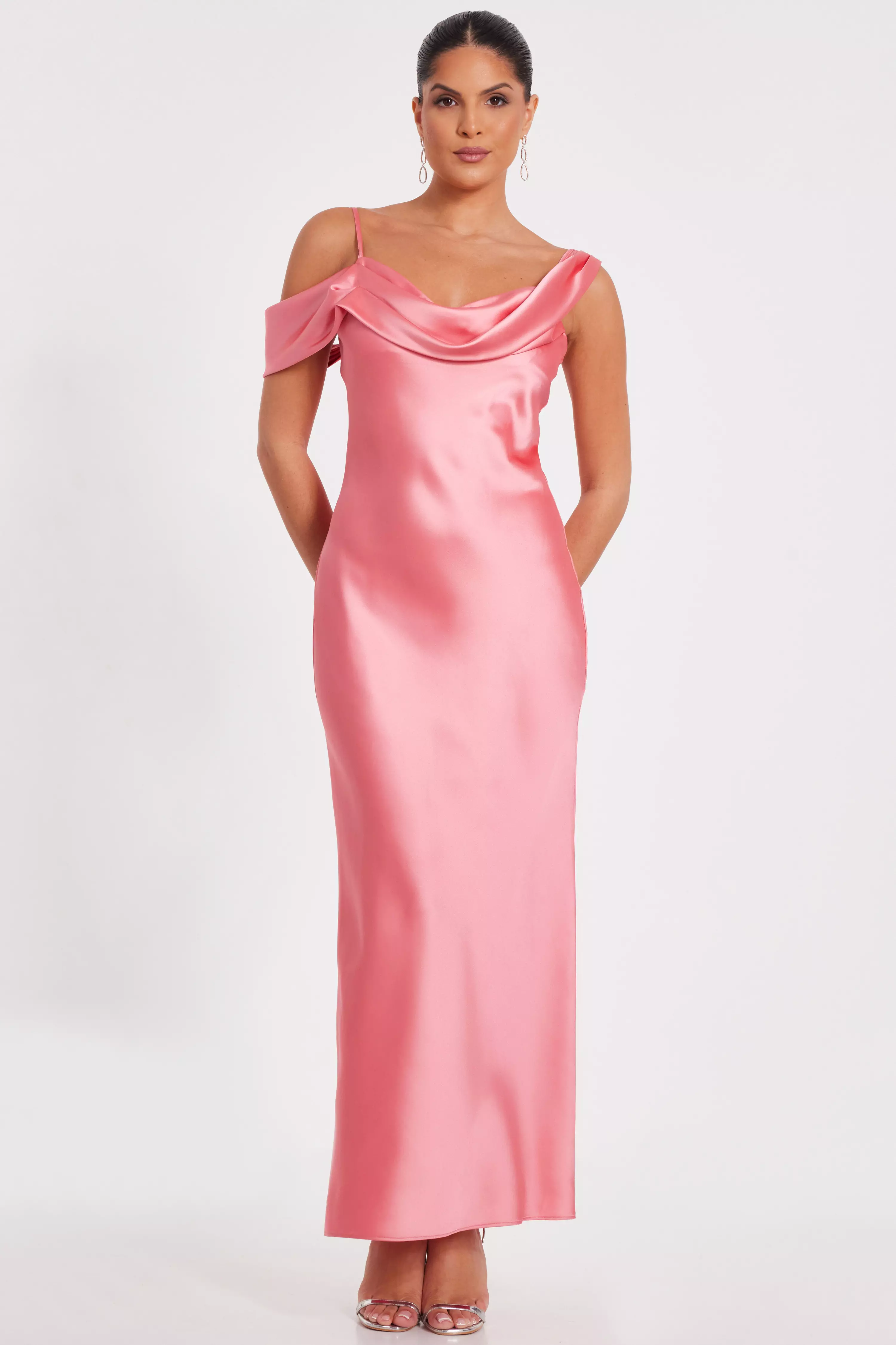 Coral Satin Drop Shoulder Maxi Dress