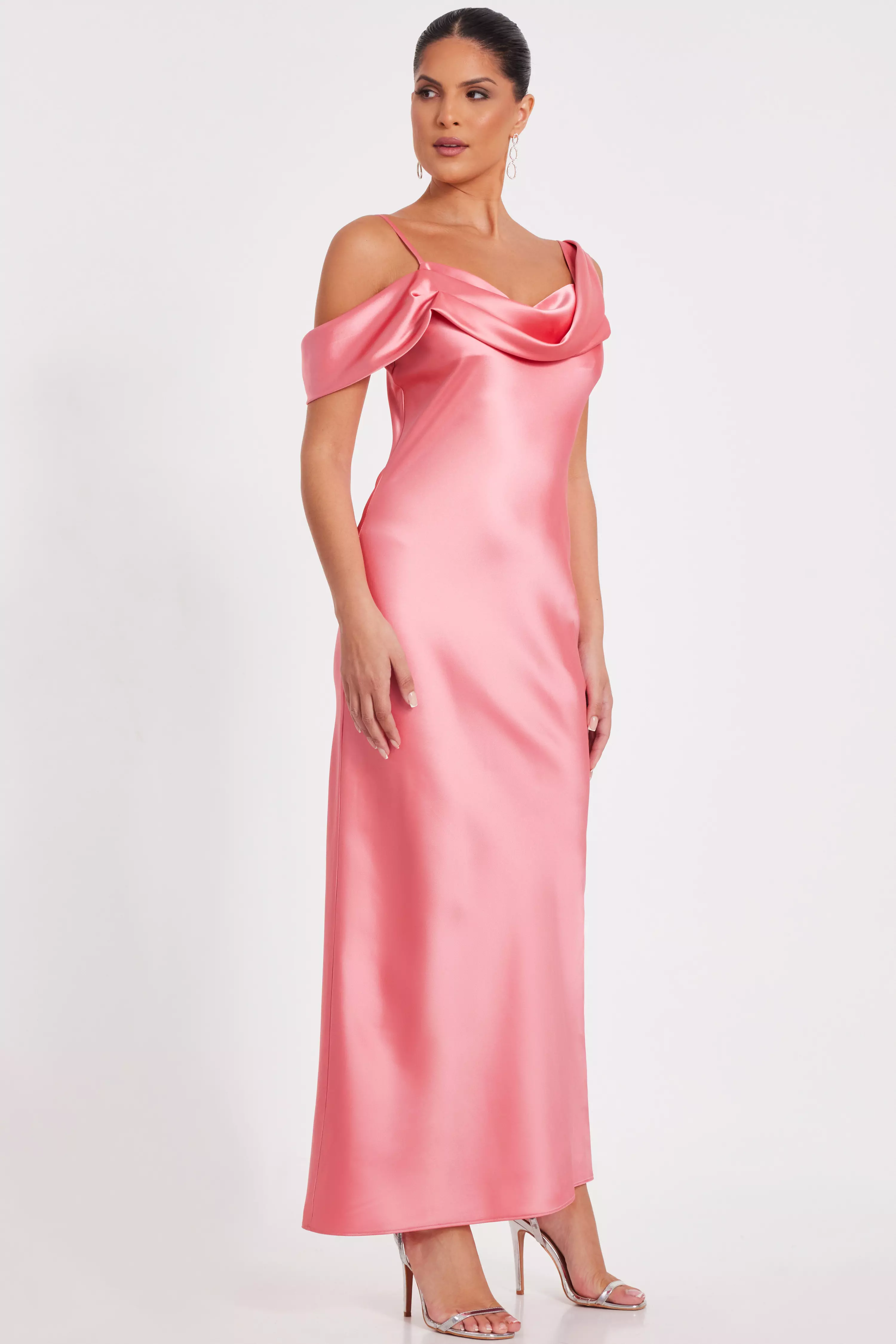 Coral Satin Drop Shoulder Maxi Dress
