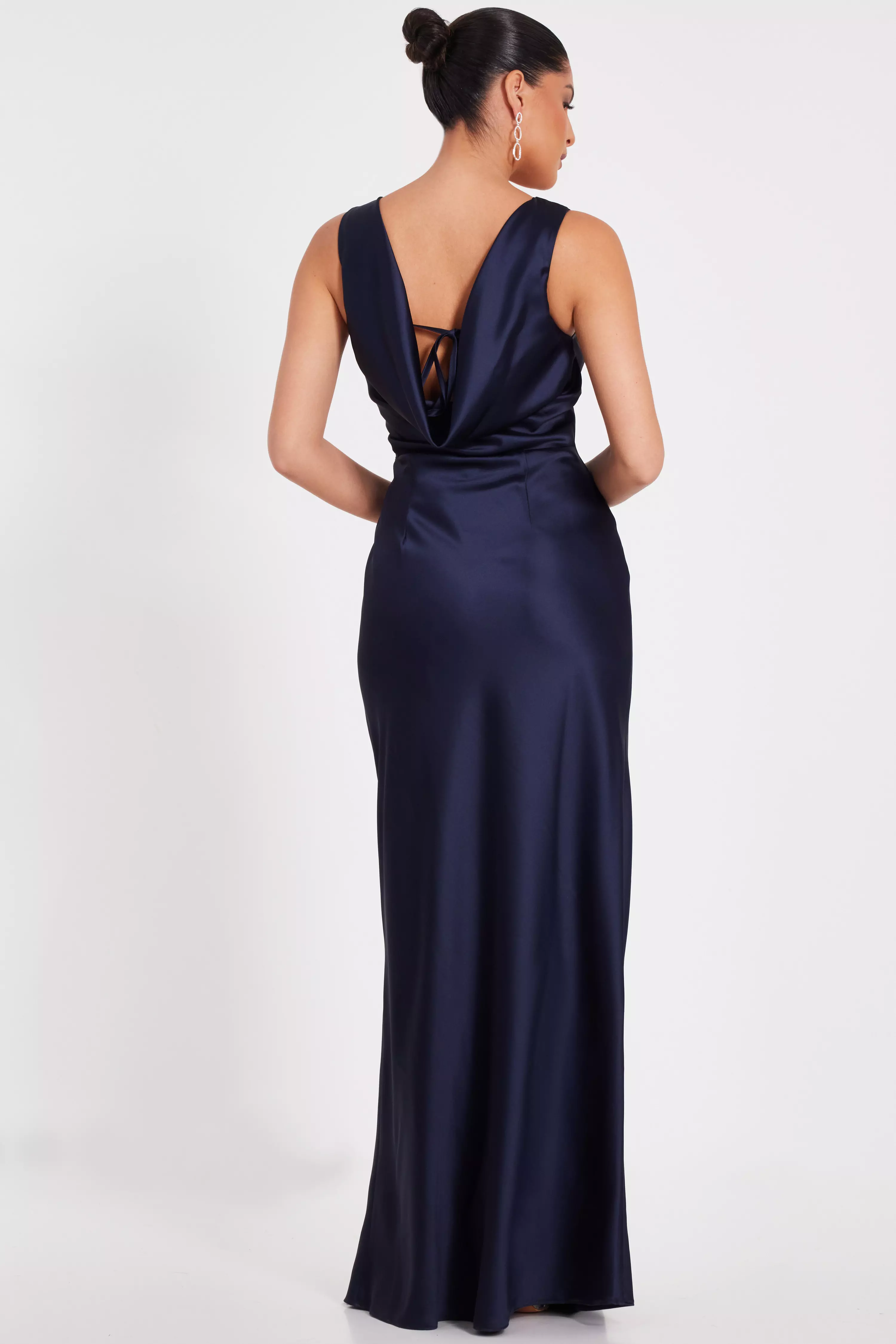 Navy Satin Front Wrap Maxi Dress