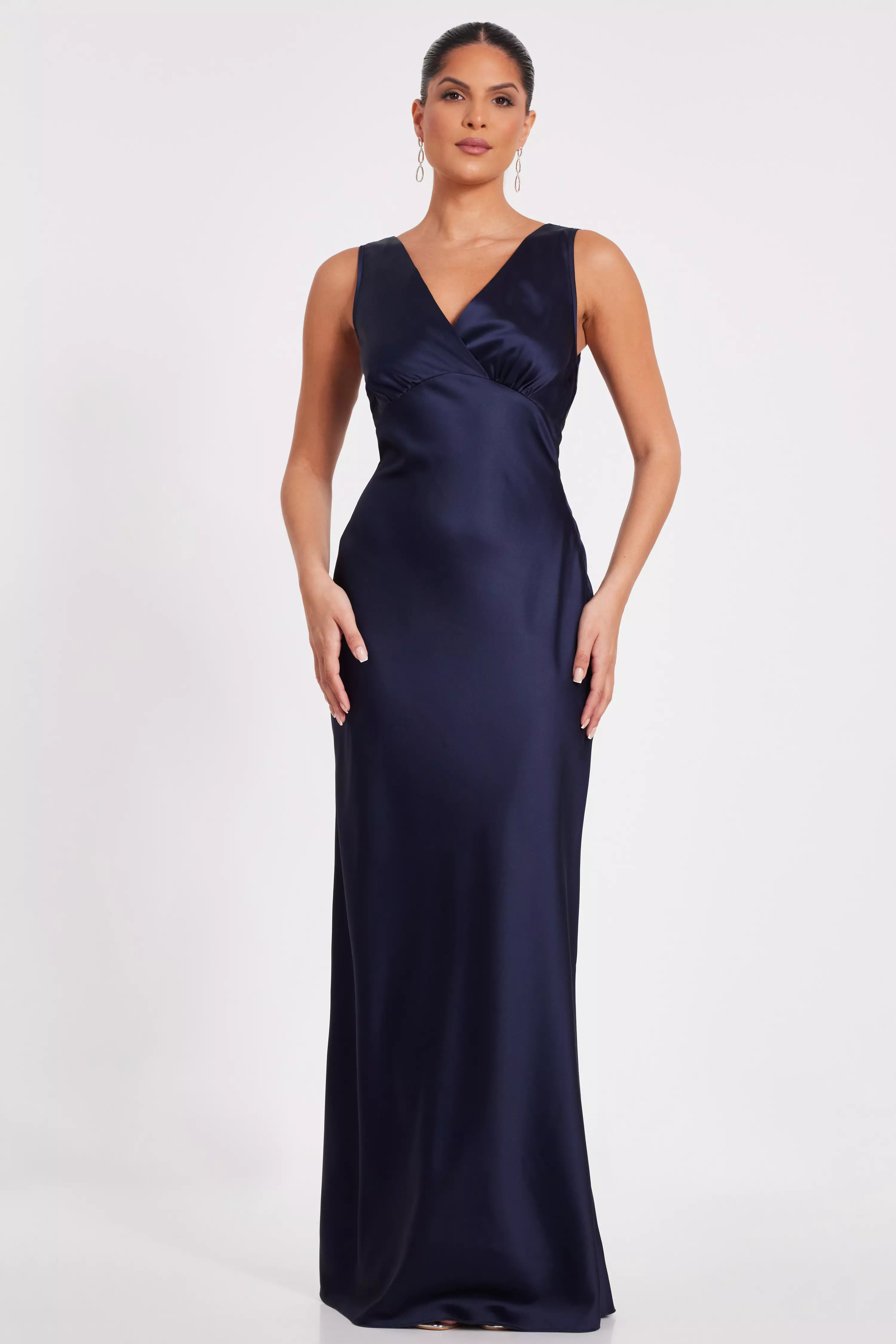 Navy Satin Front Wrap Maxi Dress