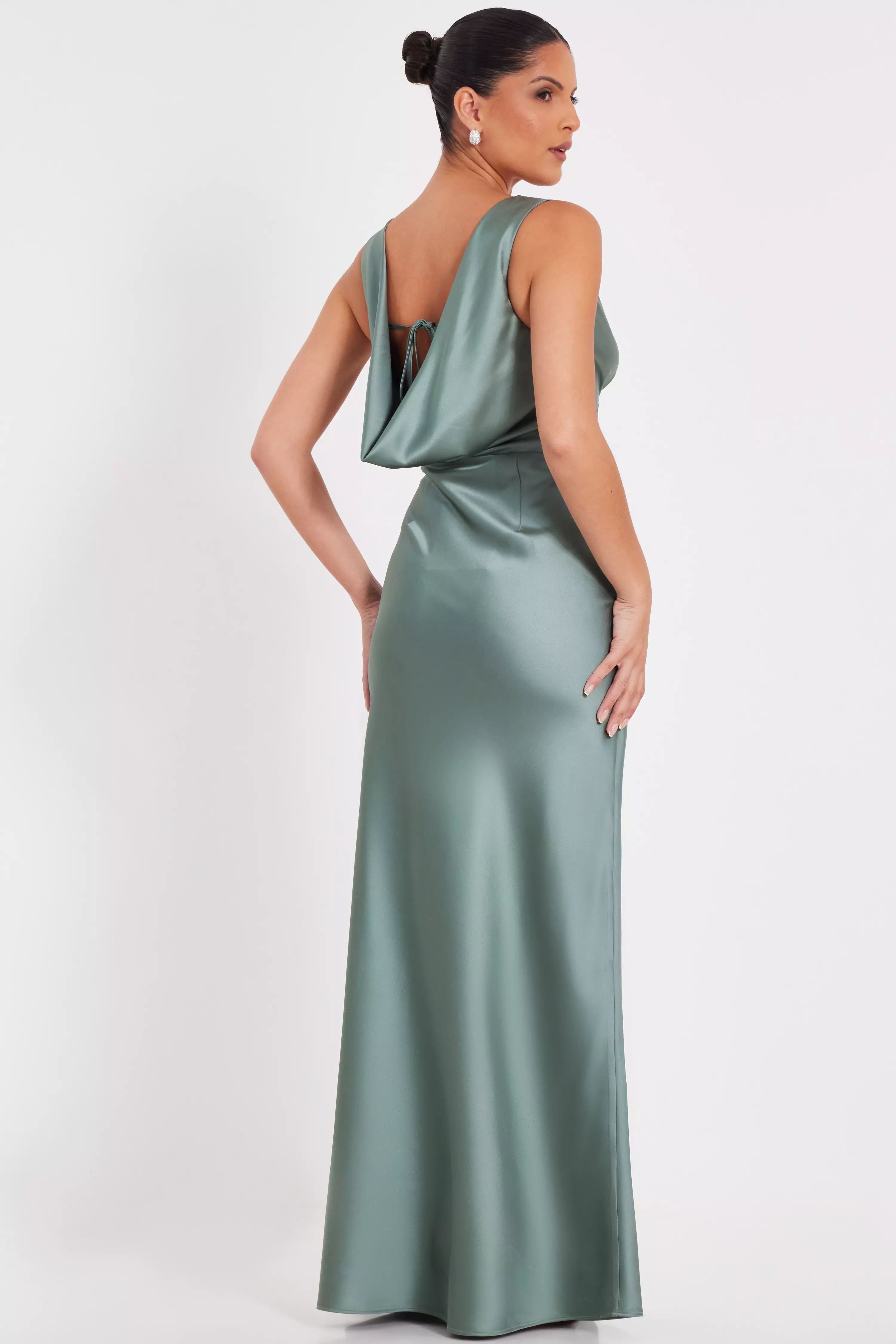 Sage Satin Cowl Back Maxi Dress