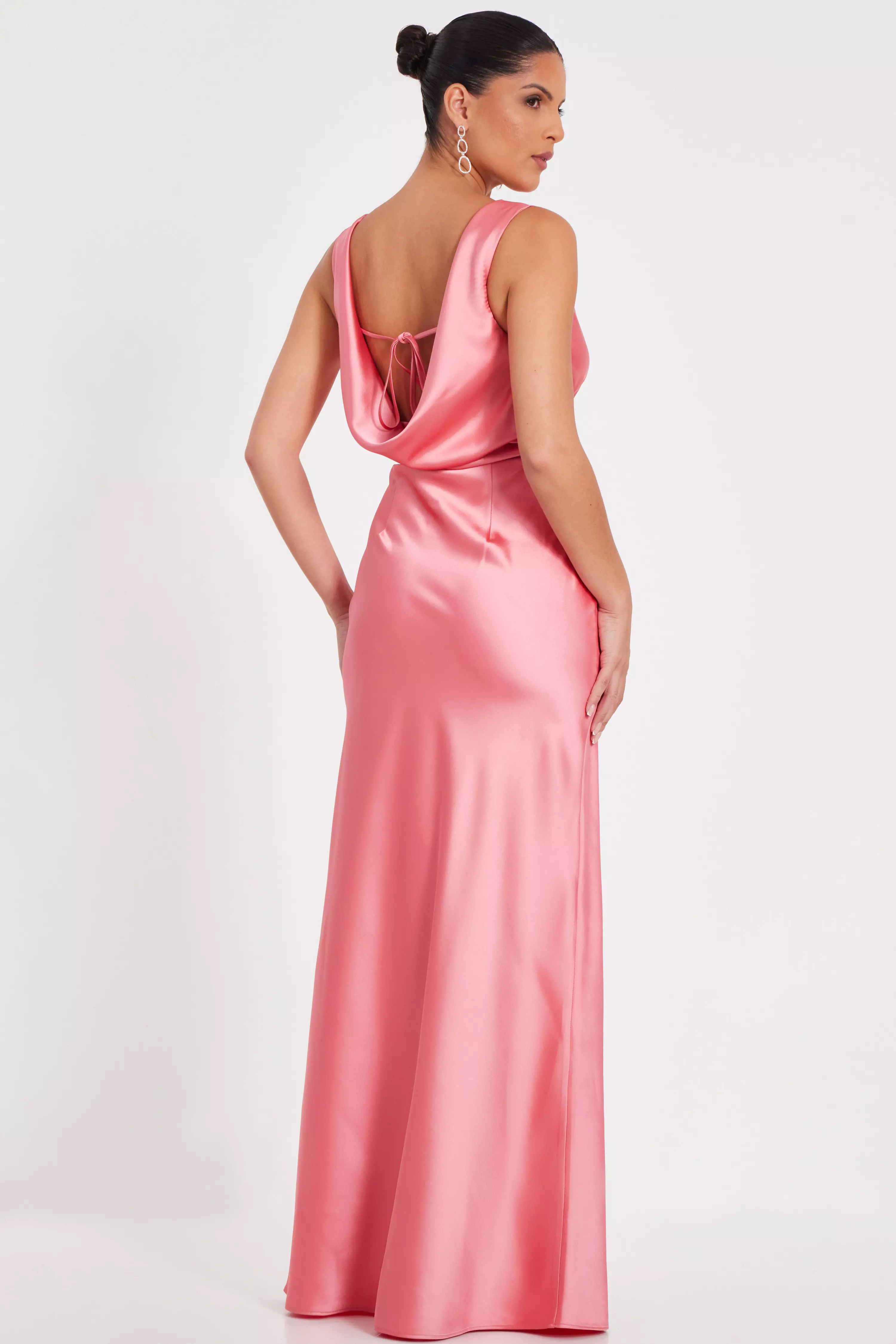 Coral Satin Cowl Back Maxi Dress