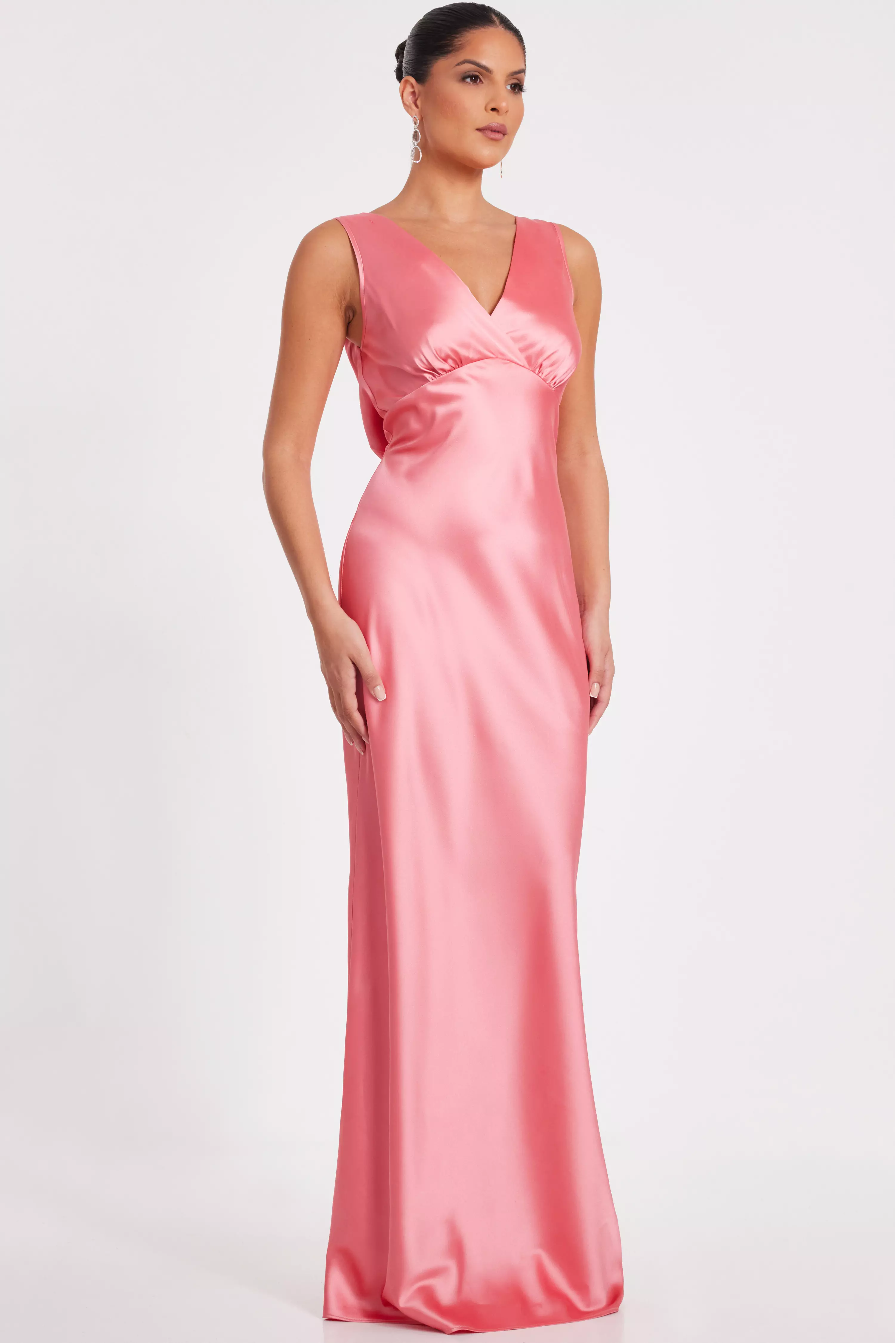 Coral Satin Cowl Back Maxi Dress