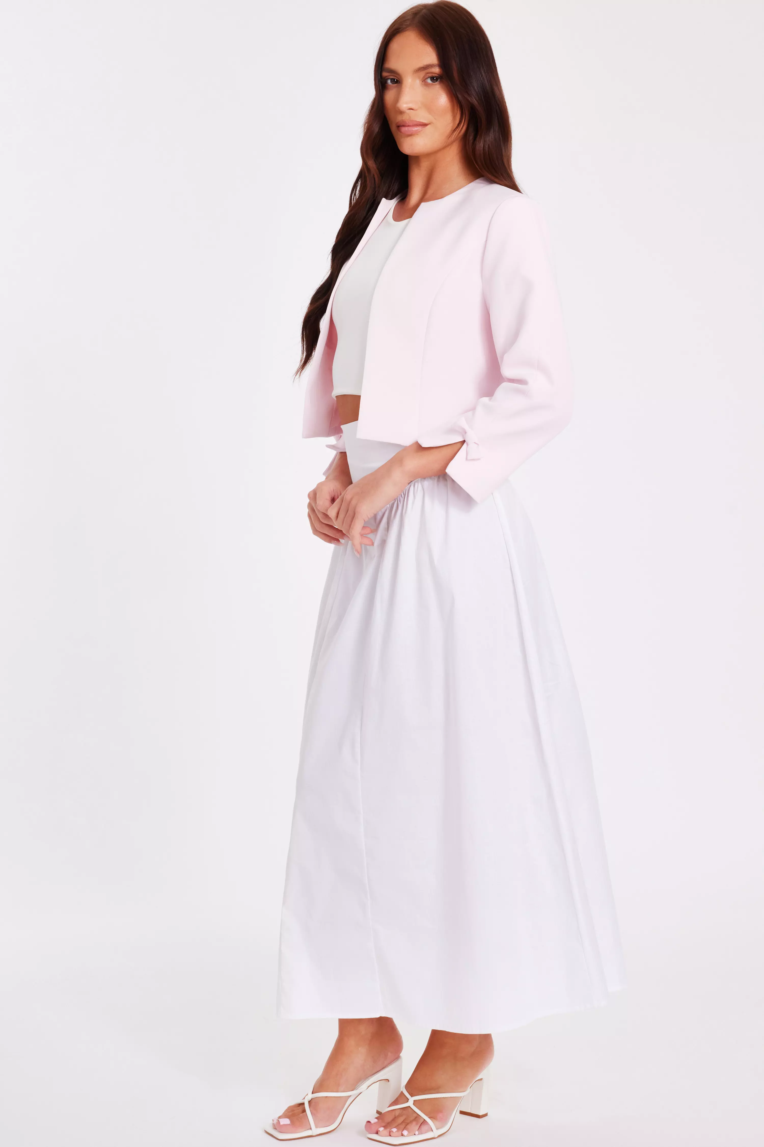 Pale Pink Bow Sleeve Cropped Blazer