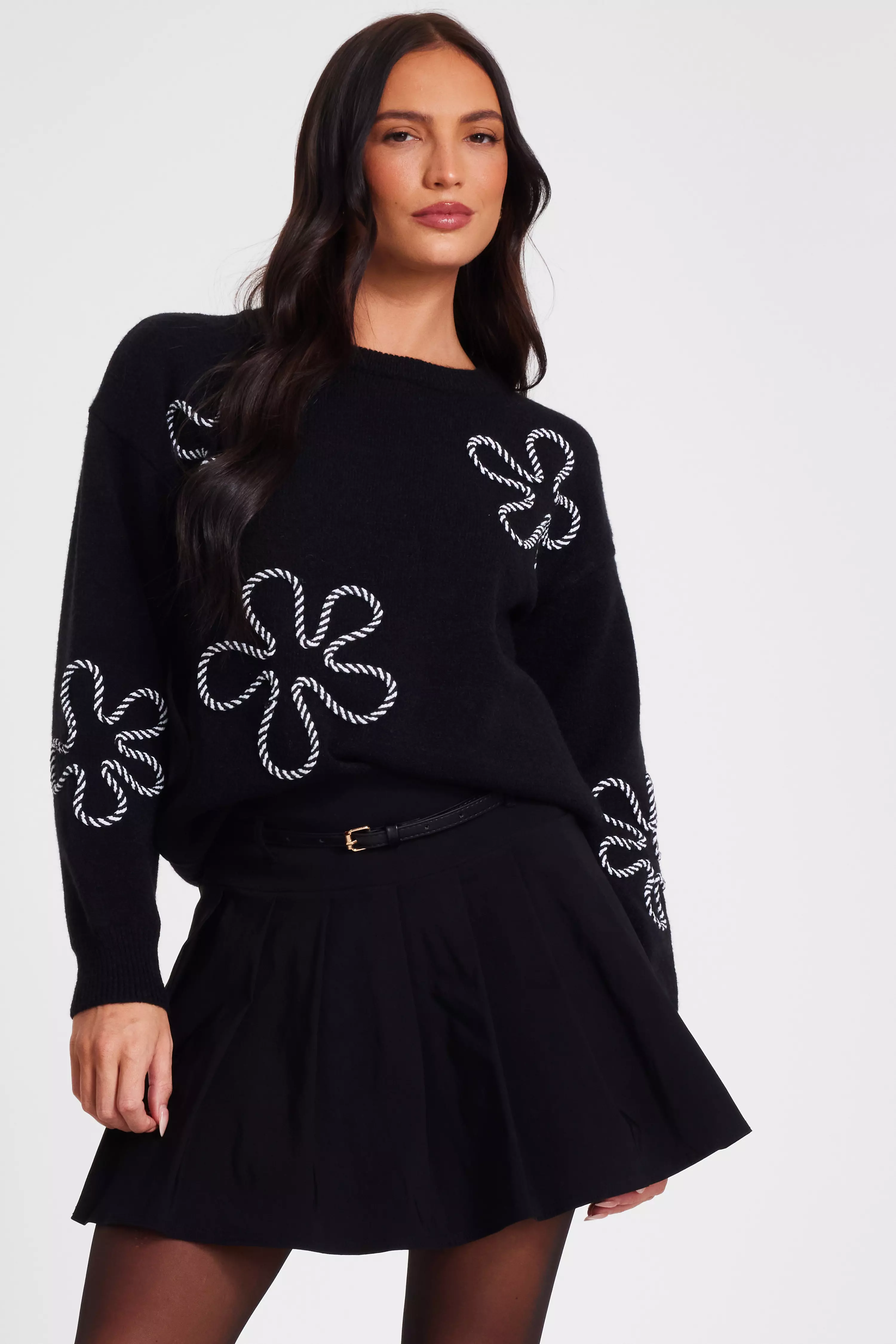 Black Knit Flower Stitch Jumper