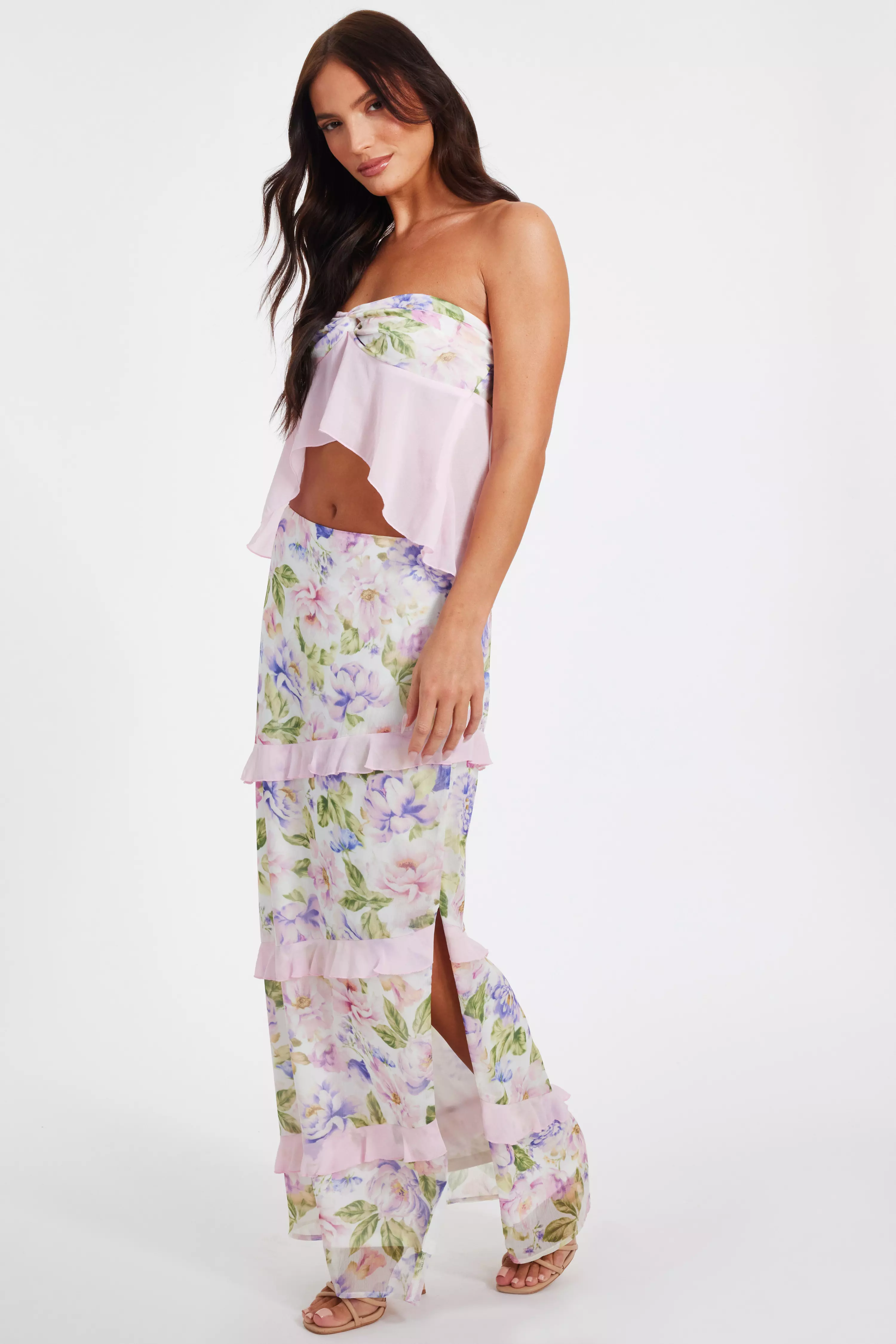 Baby Pink Chiffon Ruffle Maxi Skirt
