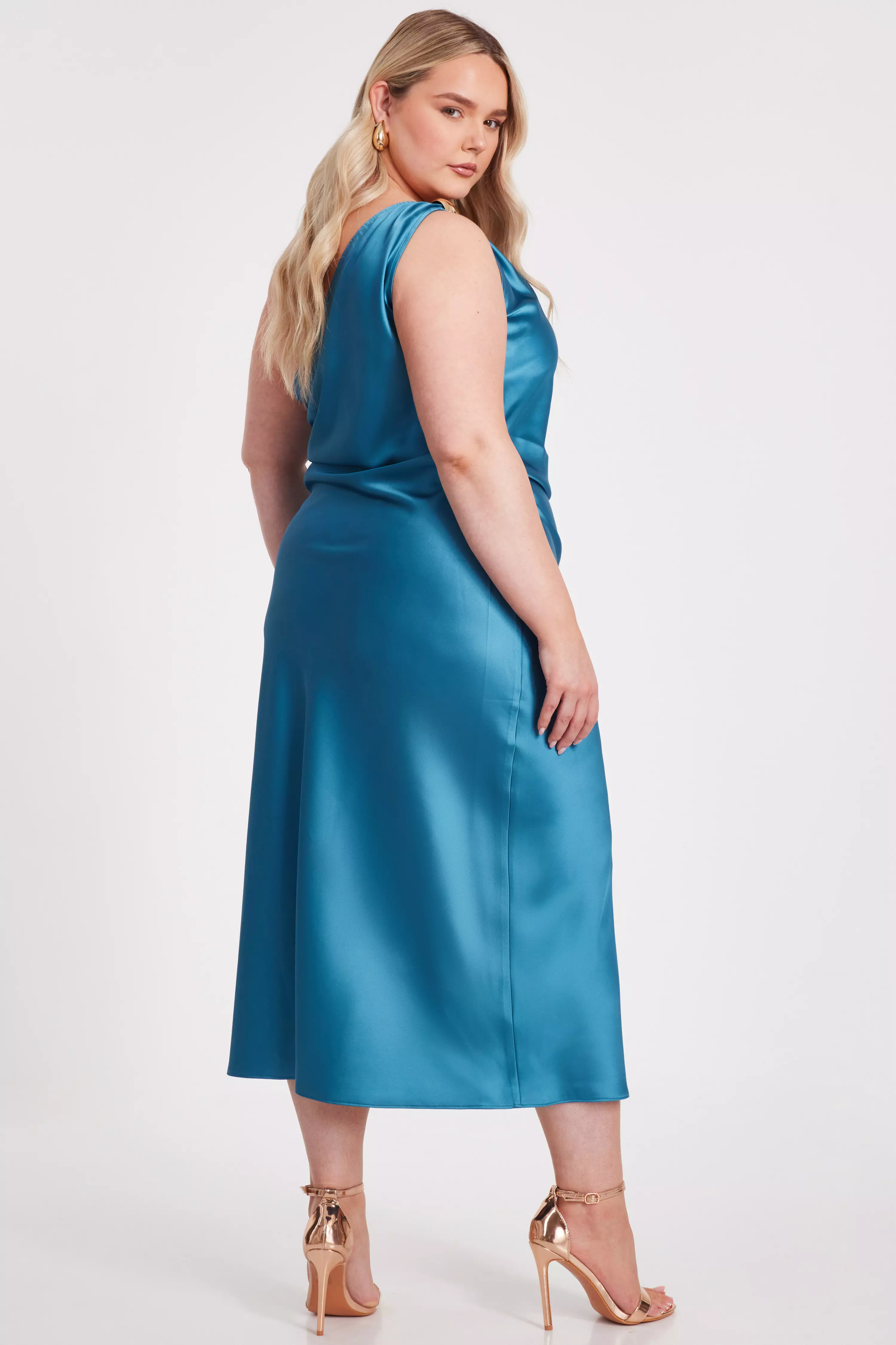 Curve Teal Satin One Shoulder Midaxi Dress