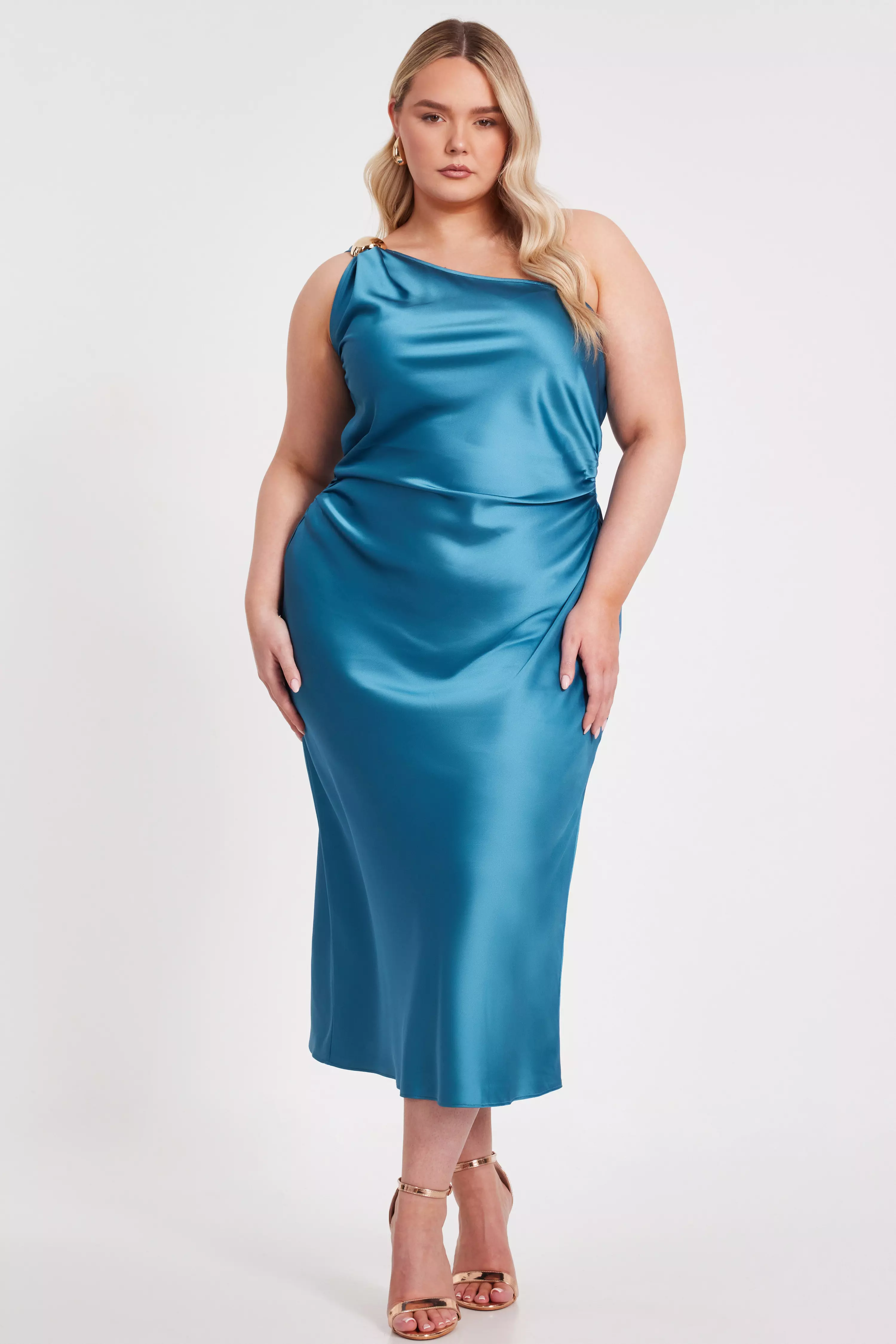 Curve Teal Satin One Shoulder Midaxi Dress