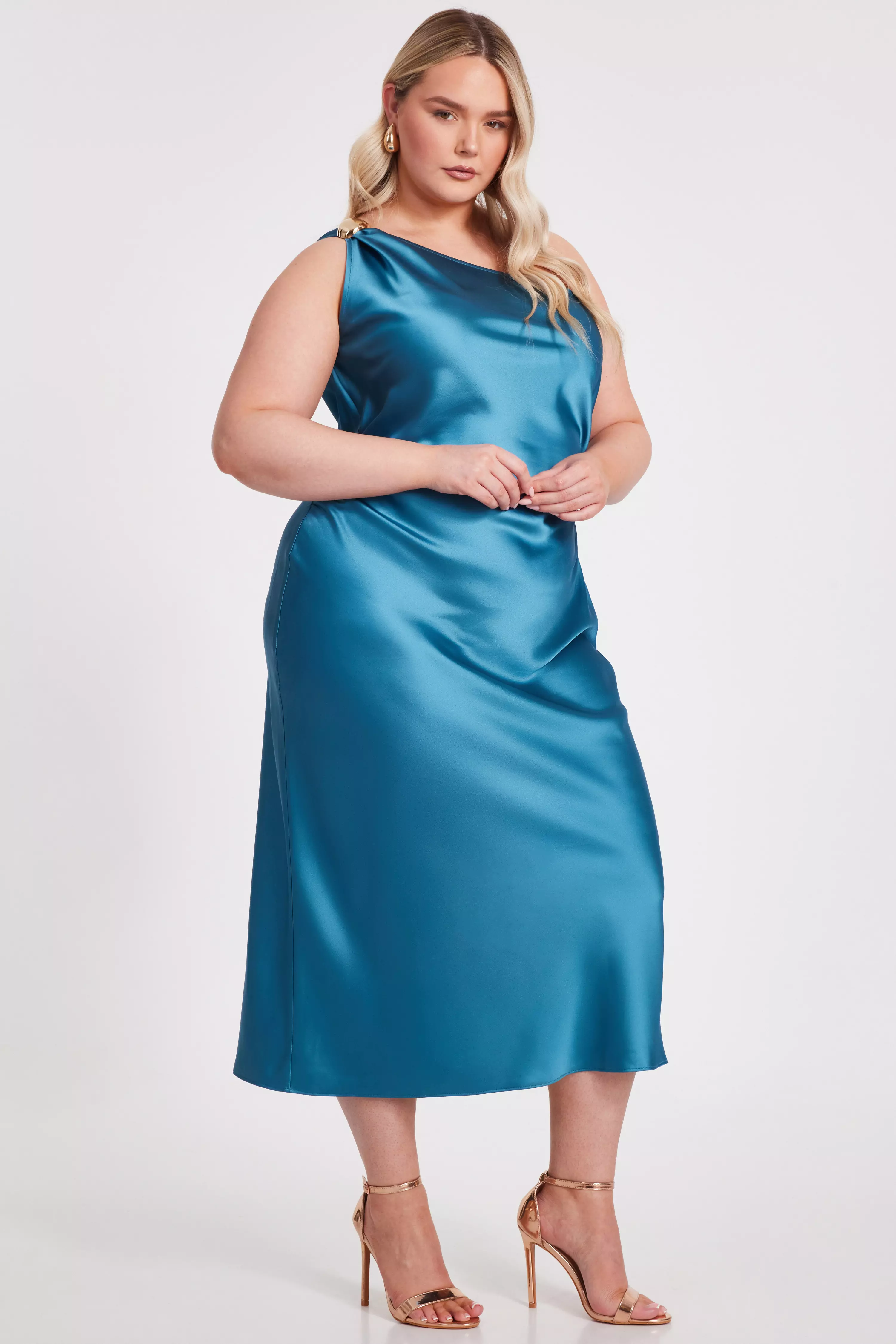 Curve Teal Satin One Shoulder Midaxi Dress