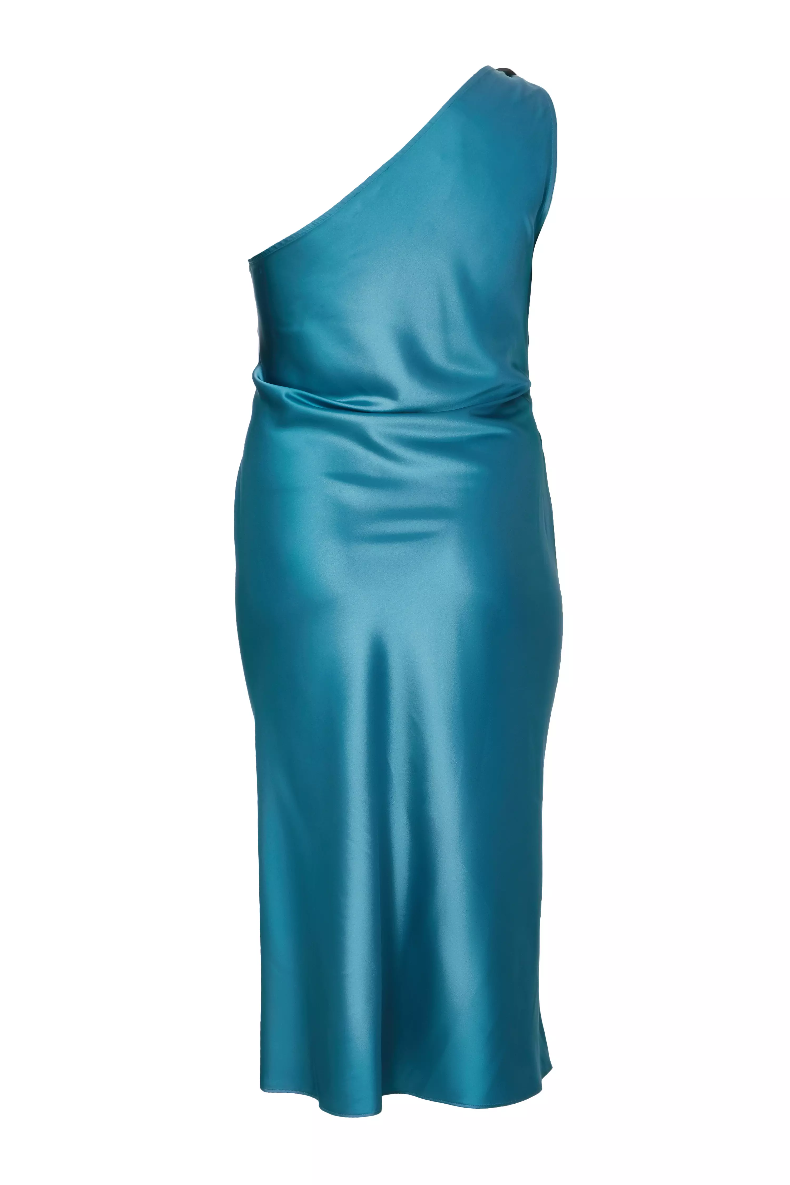Curve Teal Satin One Shoulder Midaxi Dress