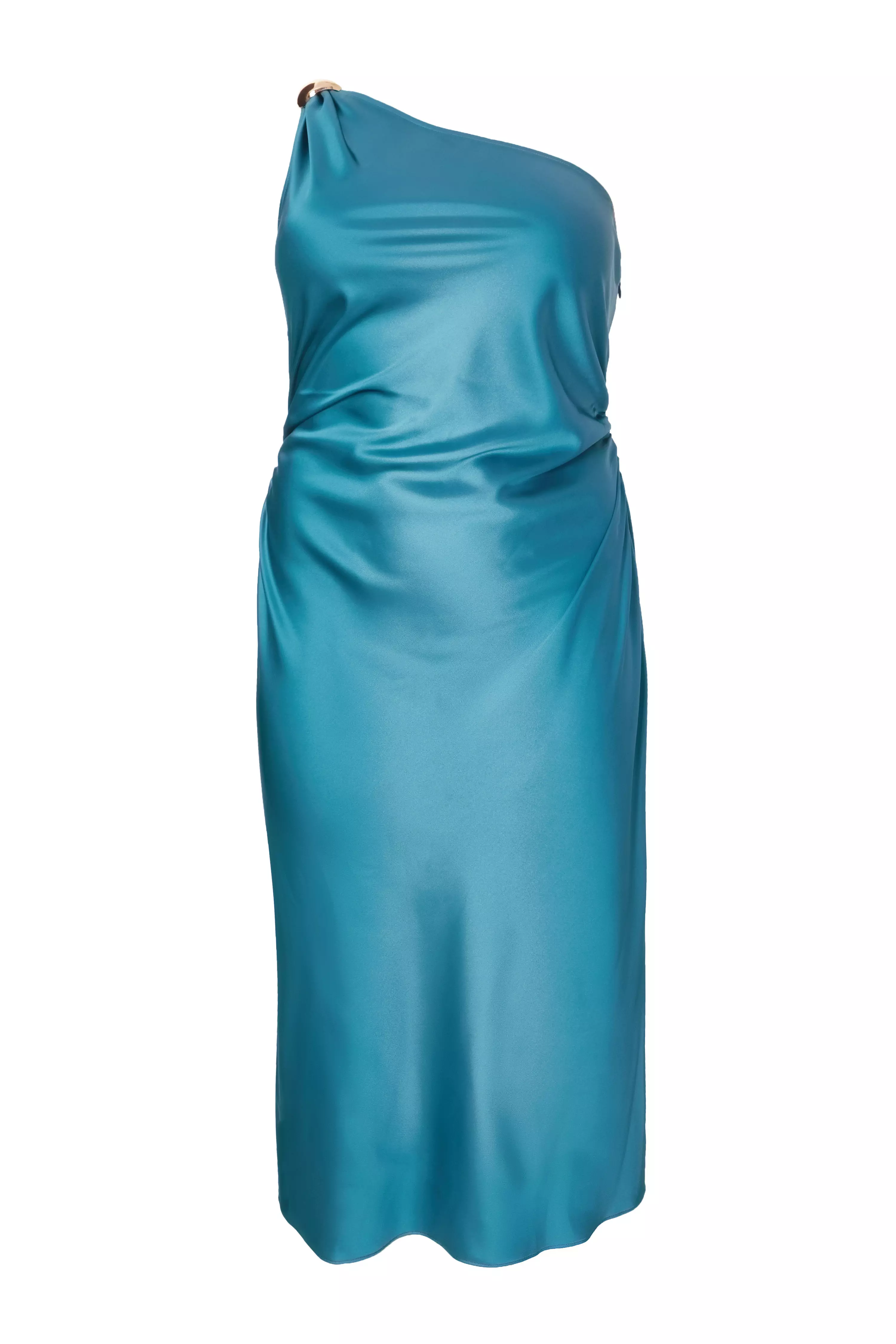 Curve Teal Satin One Shoulder Midaxi Dress