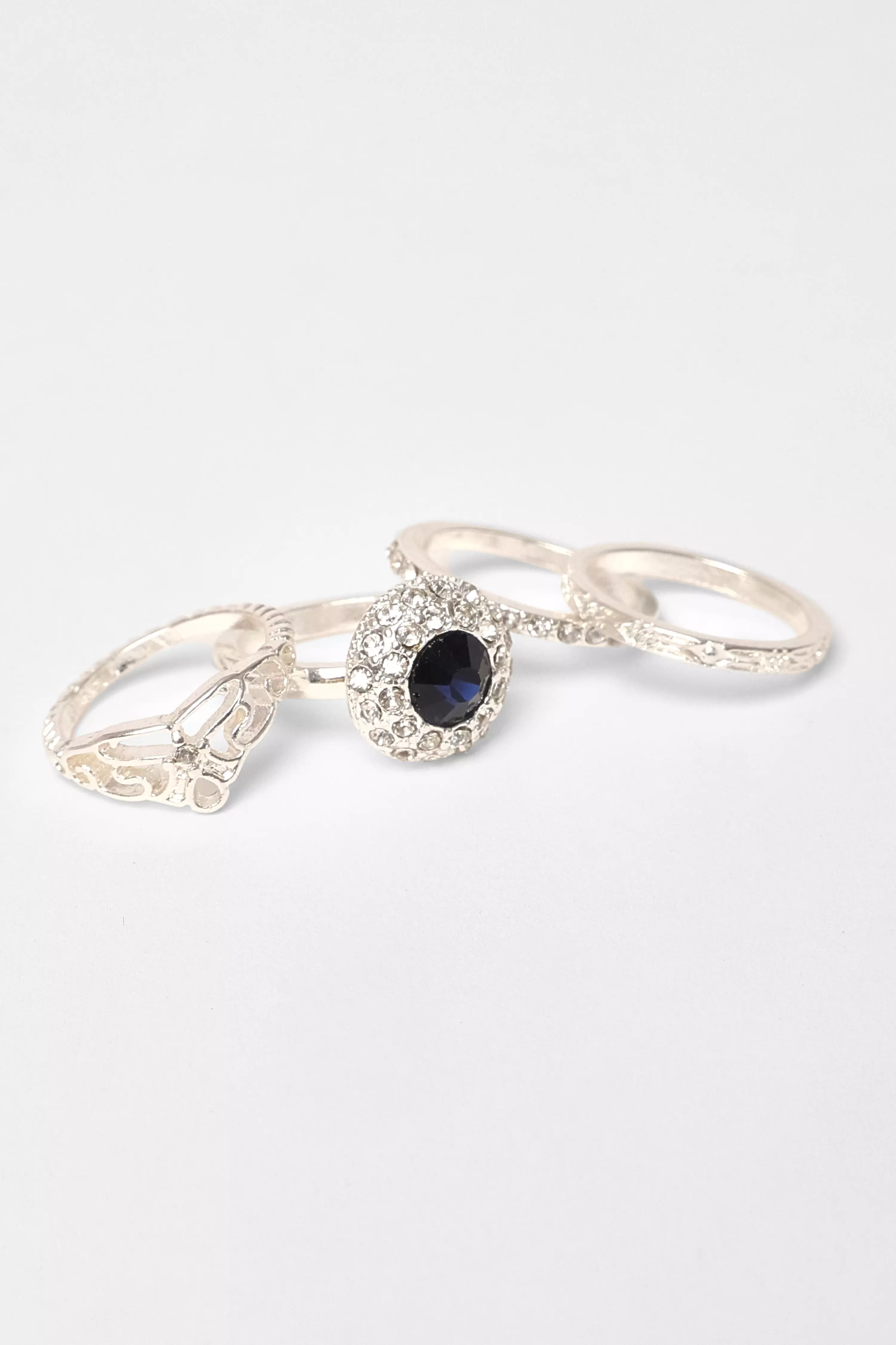 Navy Diamante Floral Ring Set