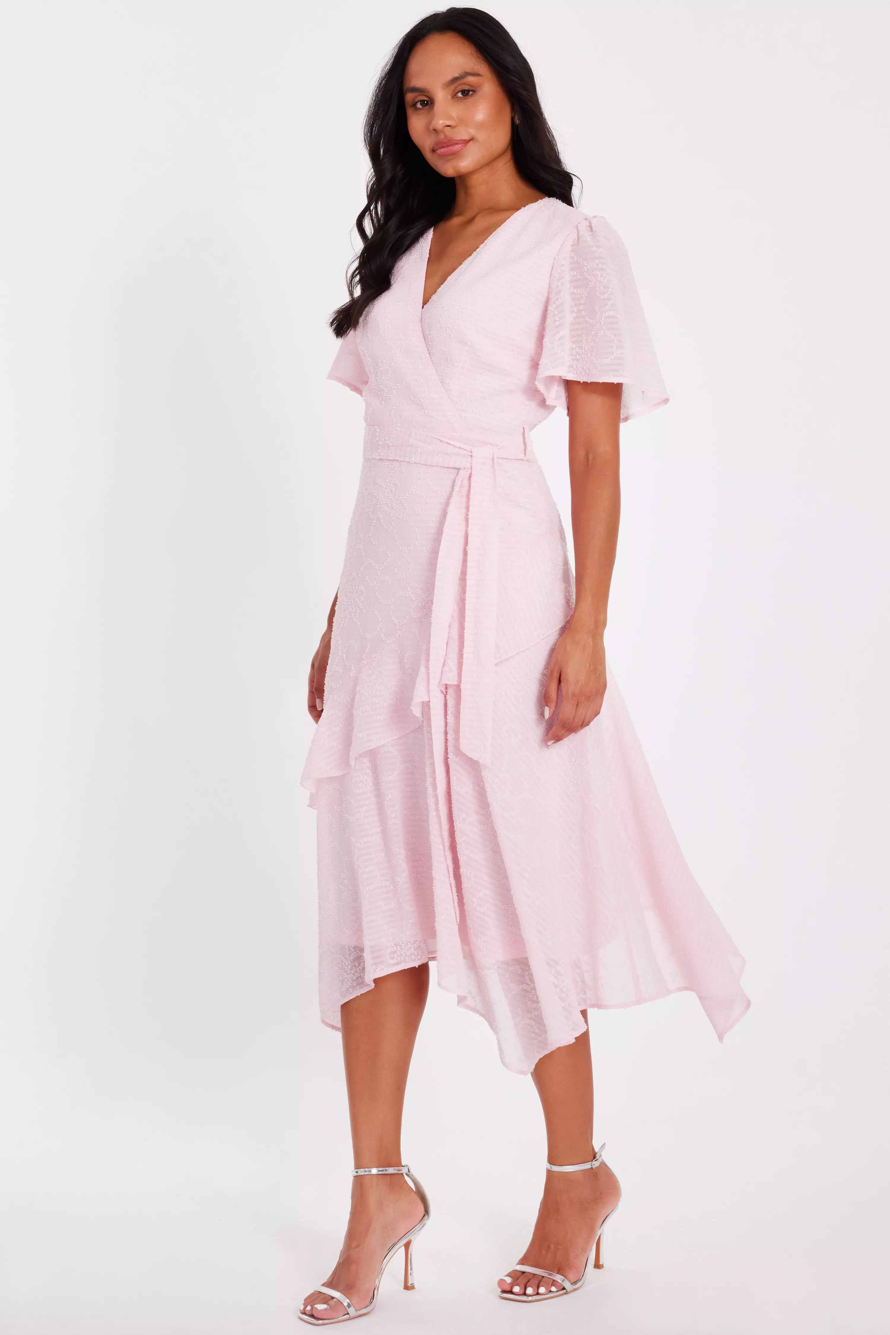 Pale Pink Textured Chiffon Midi Dress