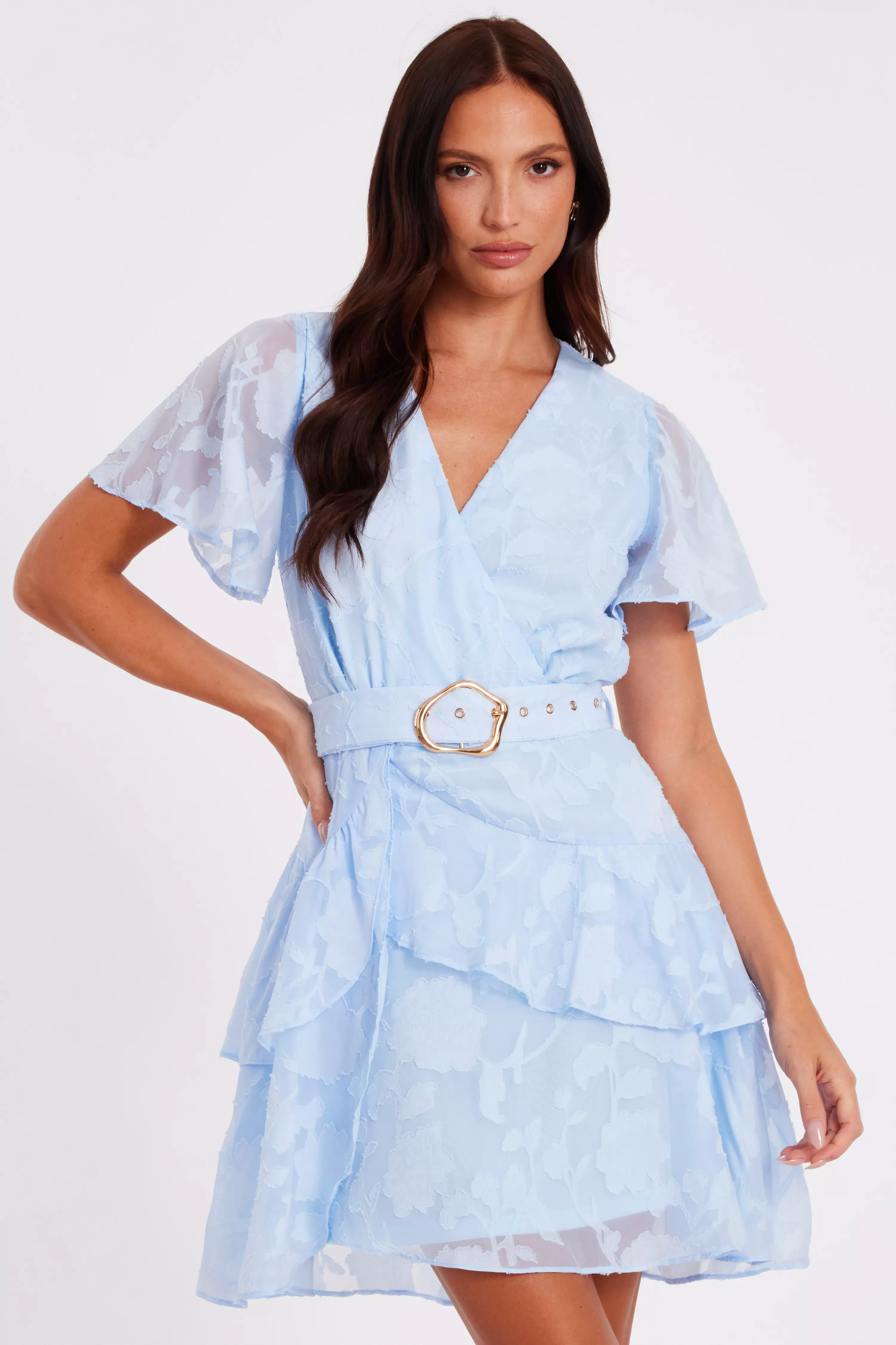 Pale Blue Frill Belted Skater Dress
