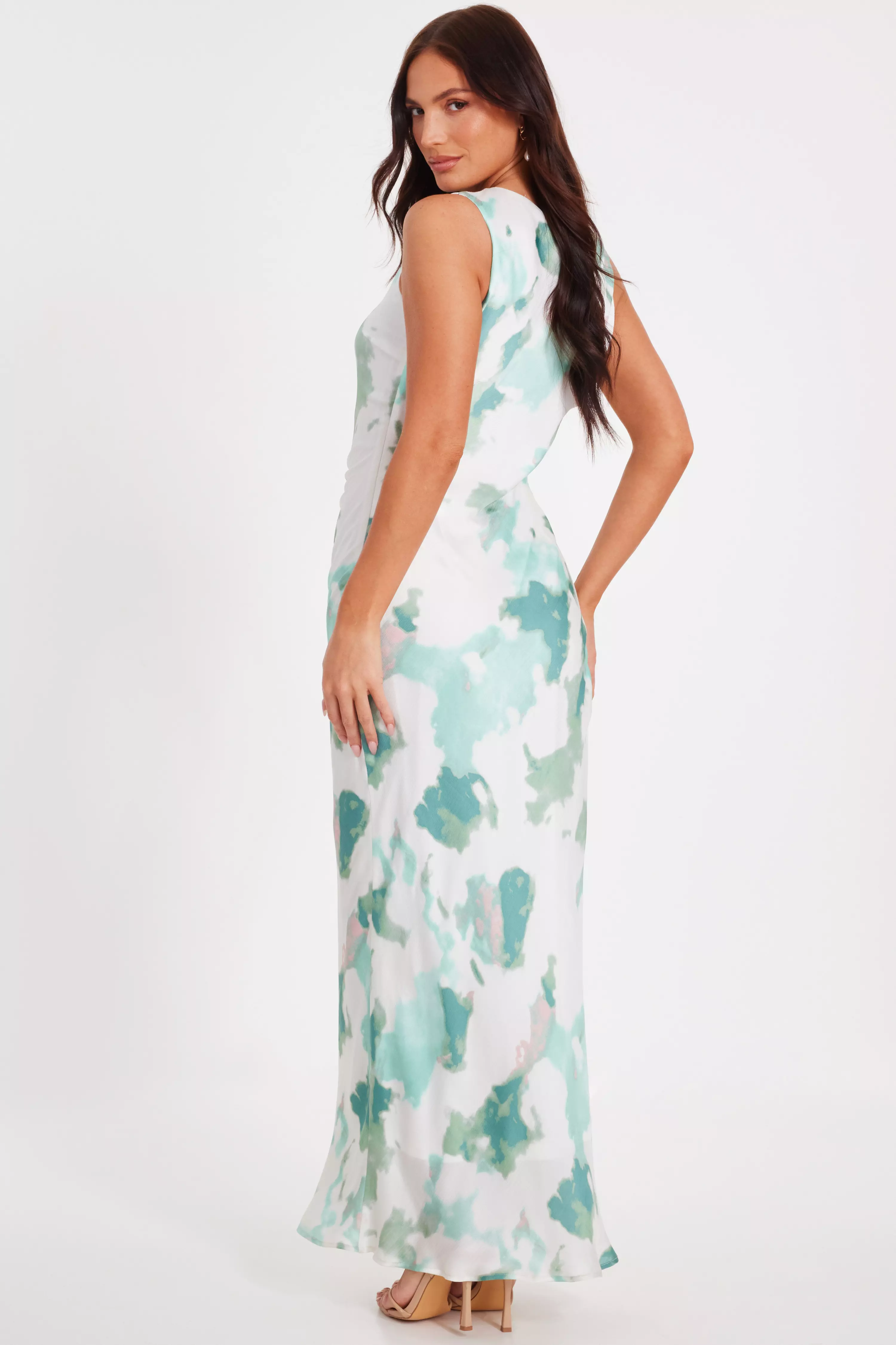 Green Satin Marble Midaxi Dress