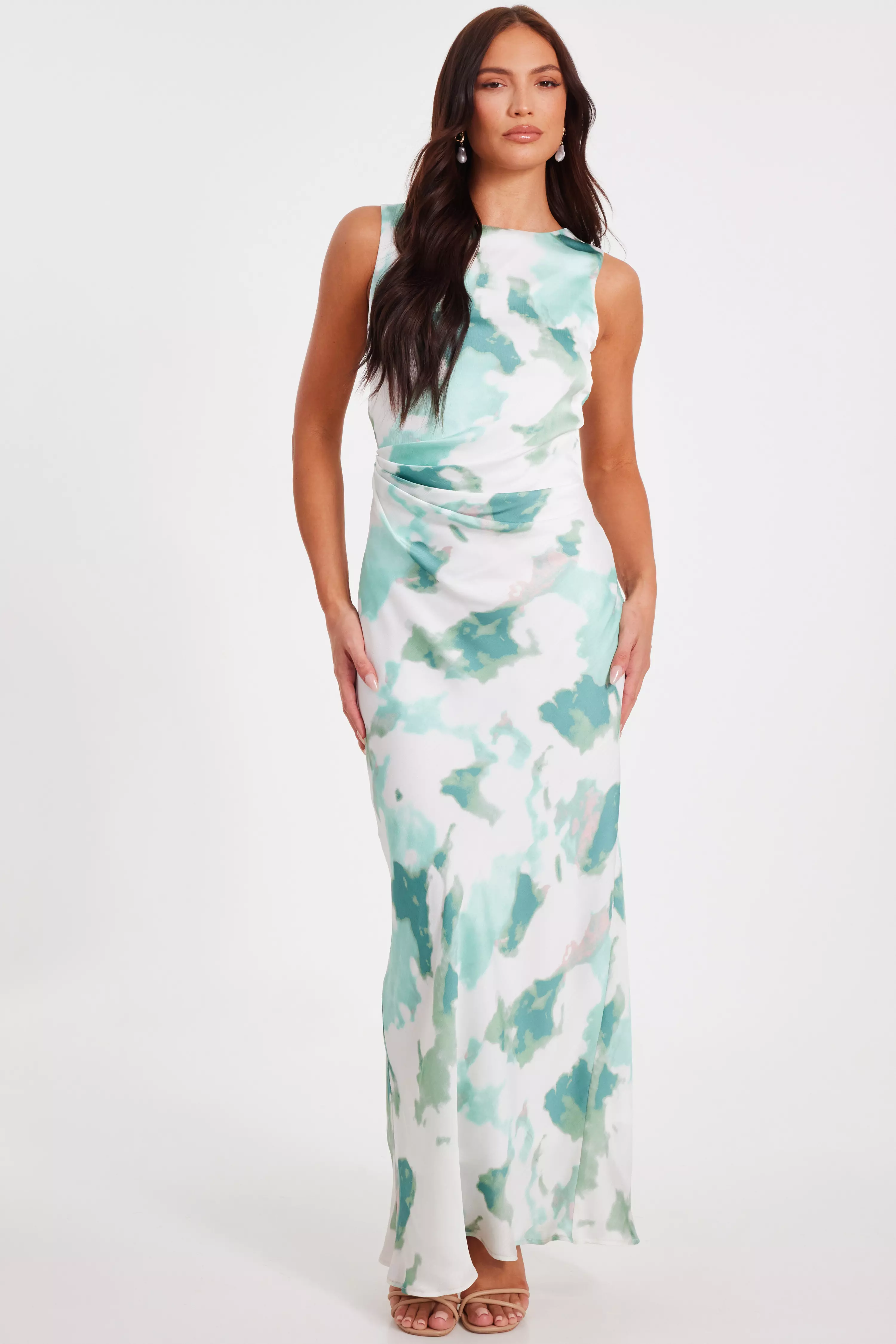 Green Satin Marble Midaxi Dress