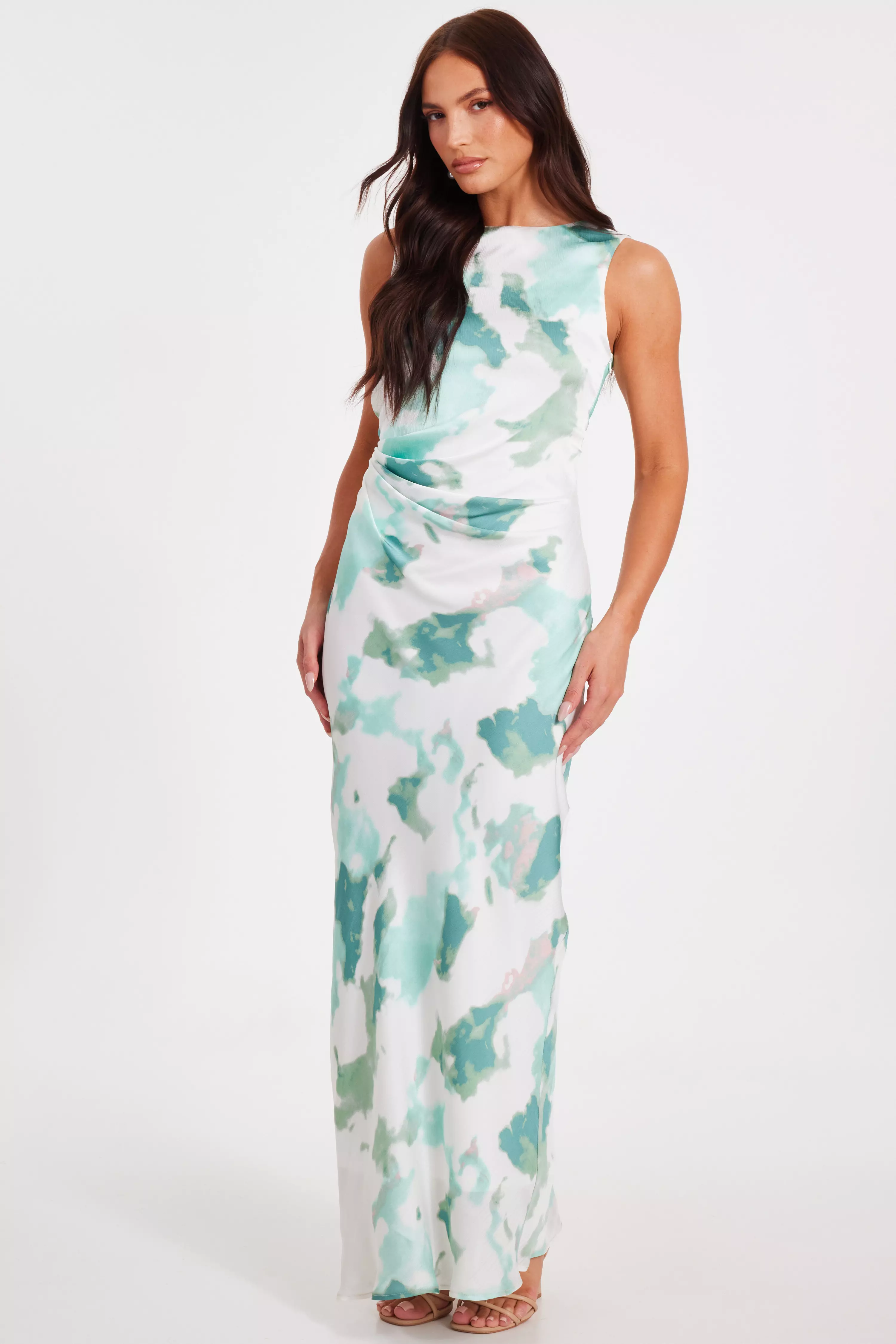Green Satin Marble Midaxi Dress