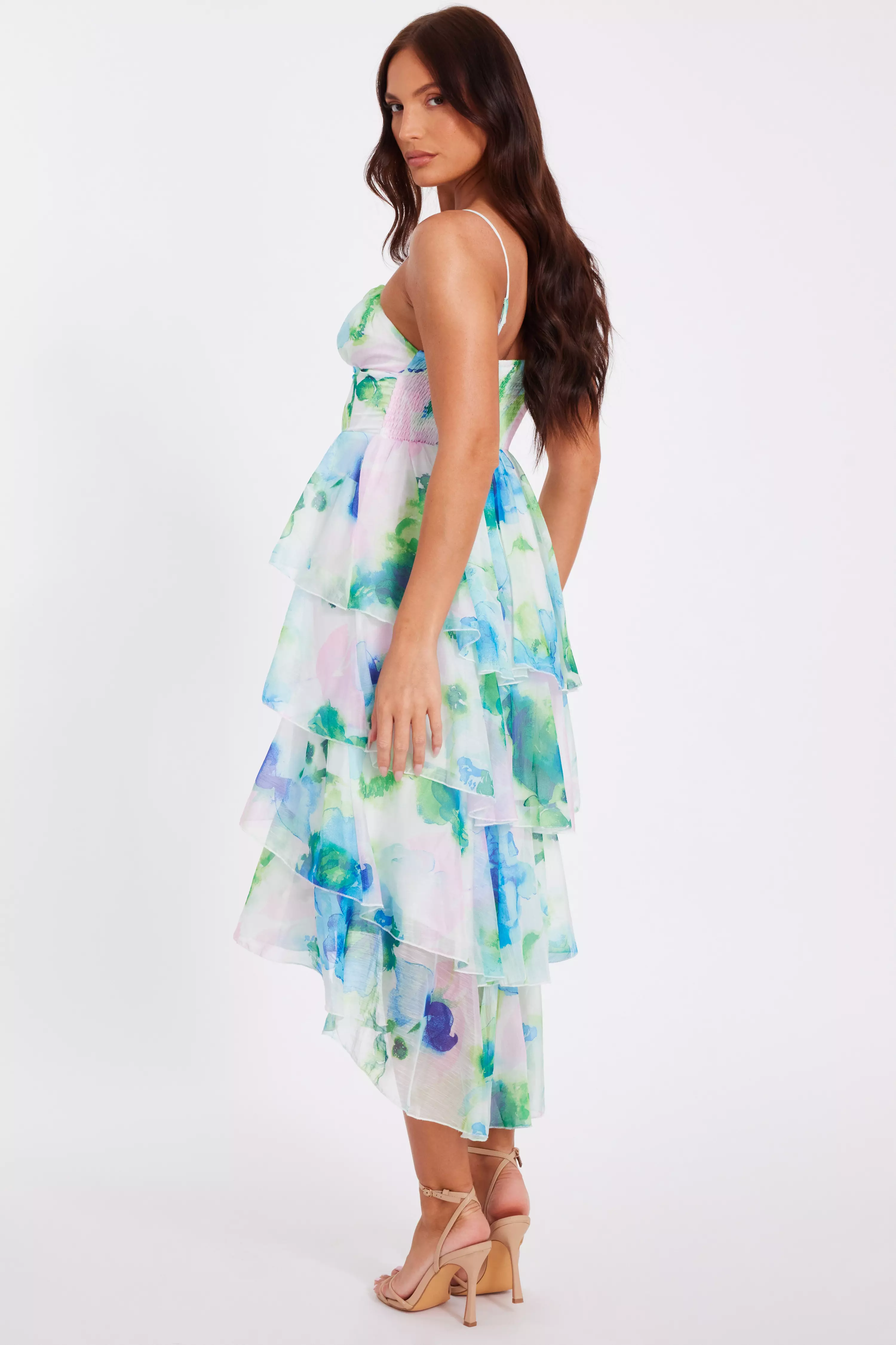 Blue Floral Tiered Midi Dress