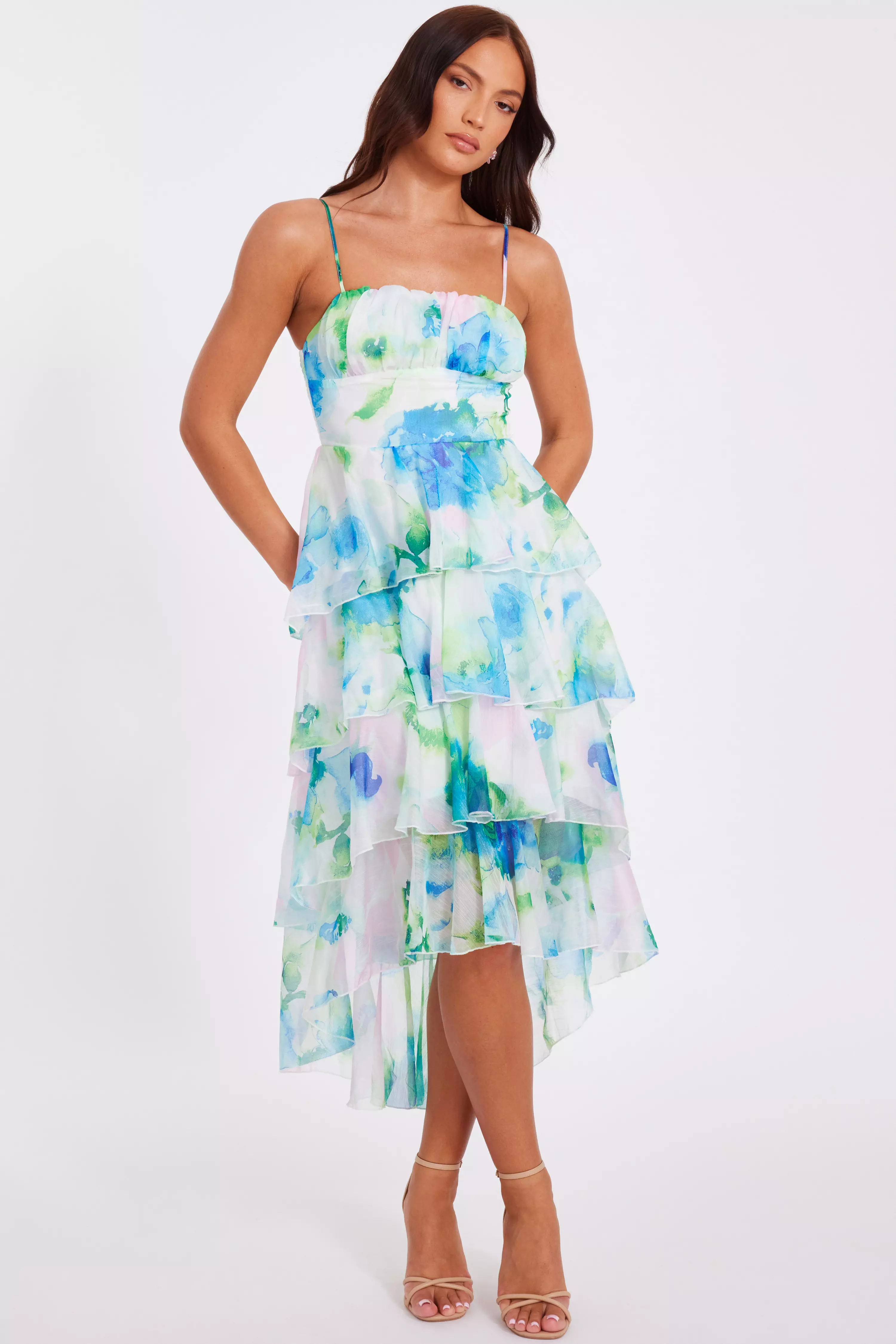Blue Floral Tiered Midi Dress