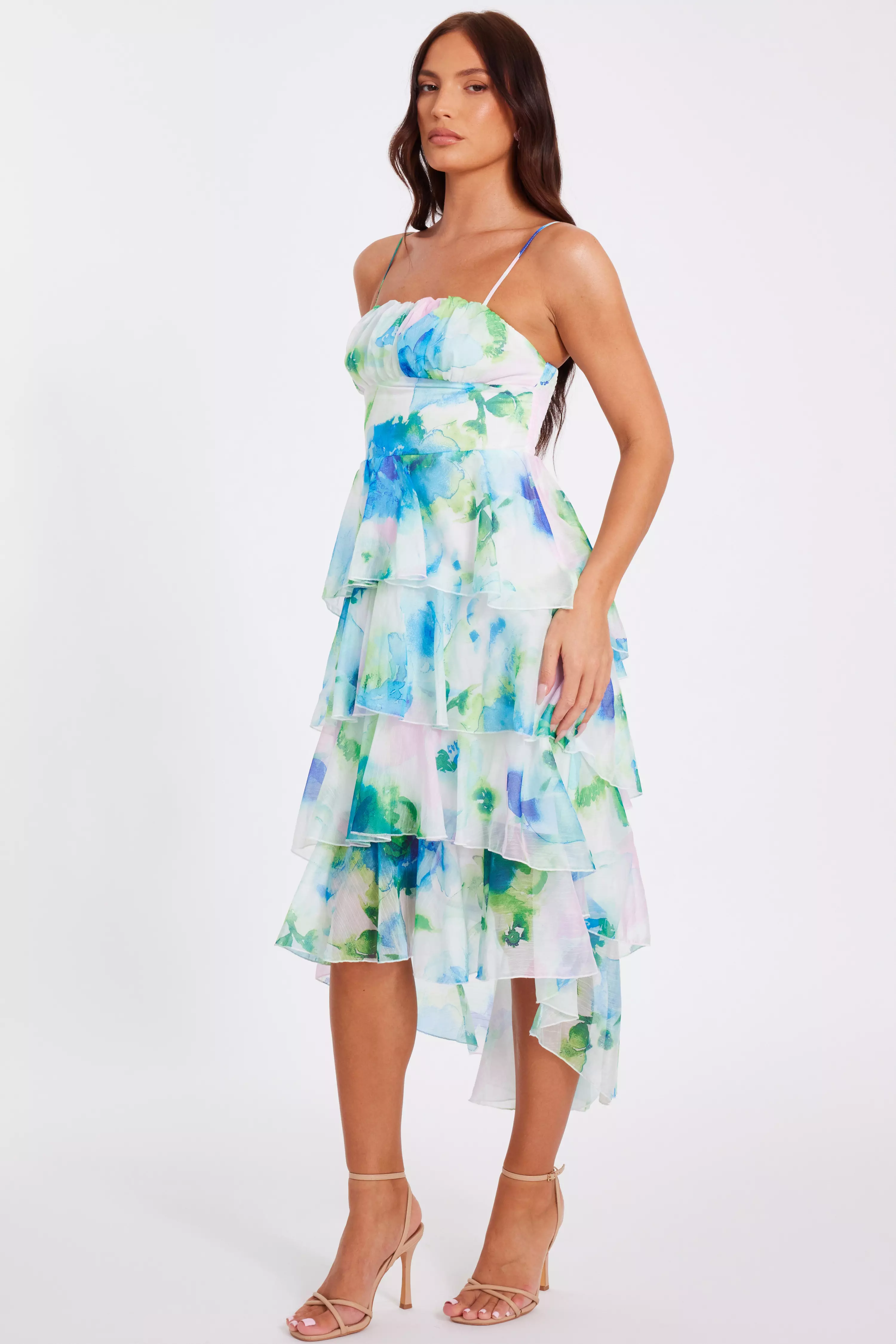 Blue Floral Tiered Midi Dress