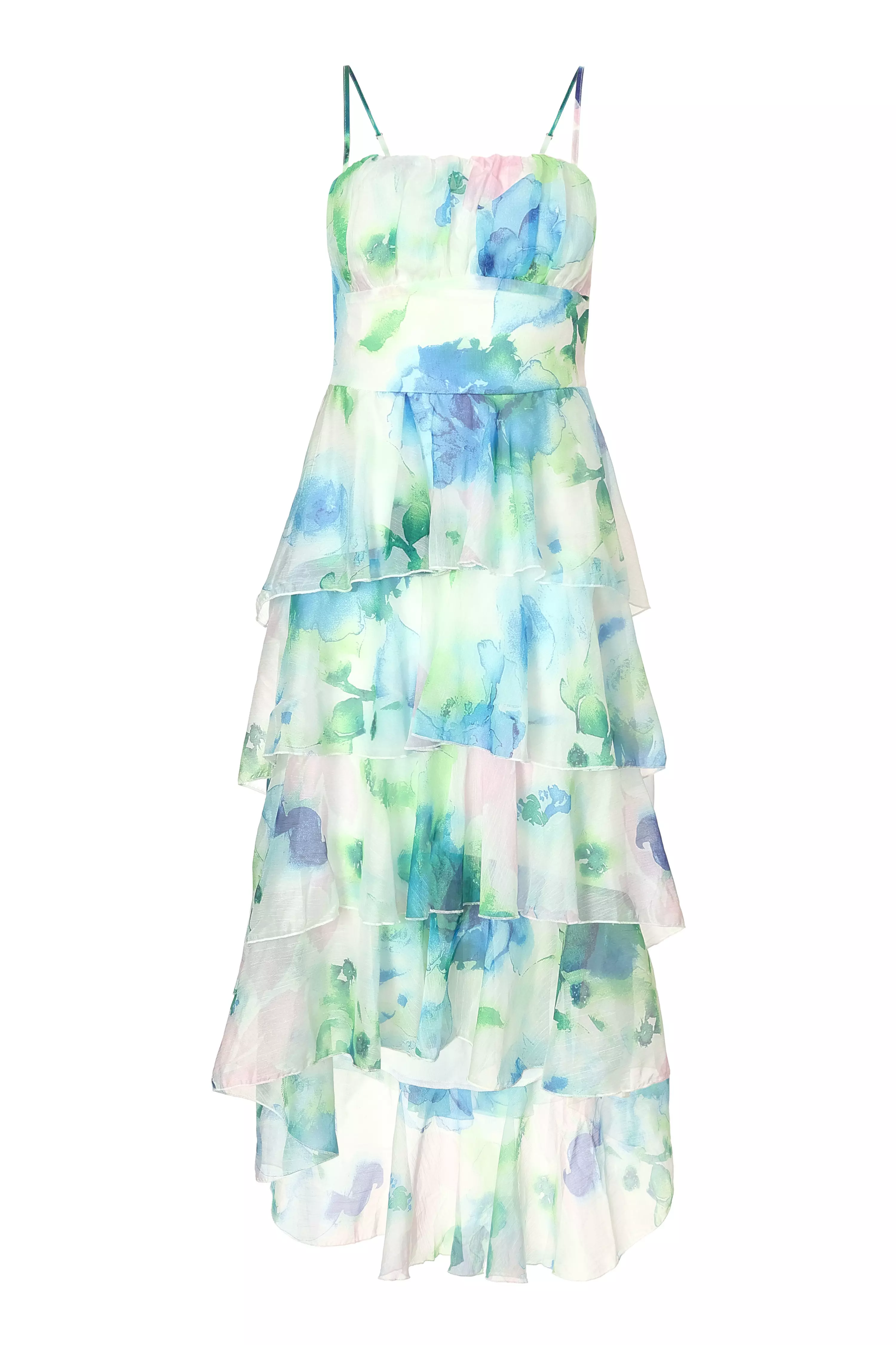 Blue Floral Tiered Midi Dress