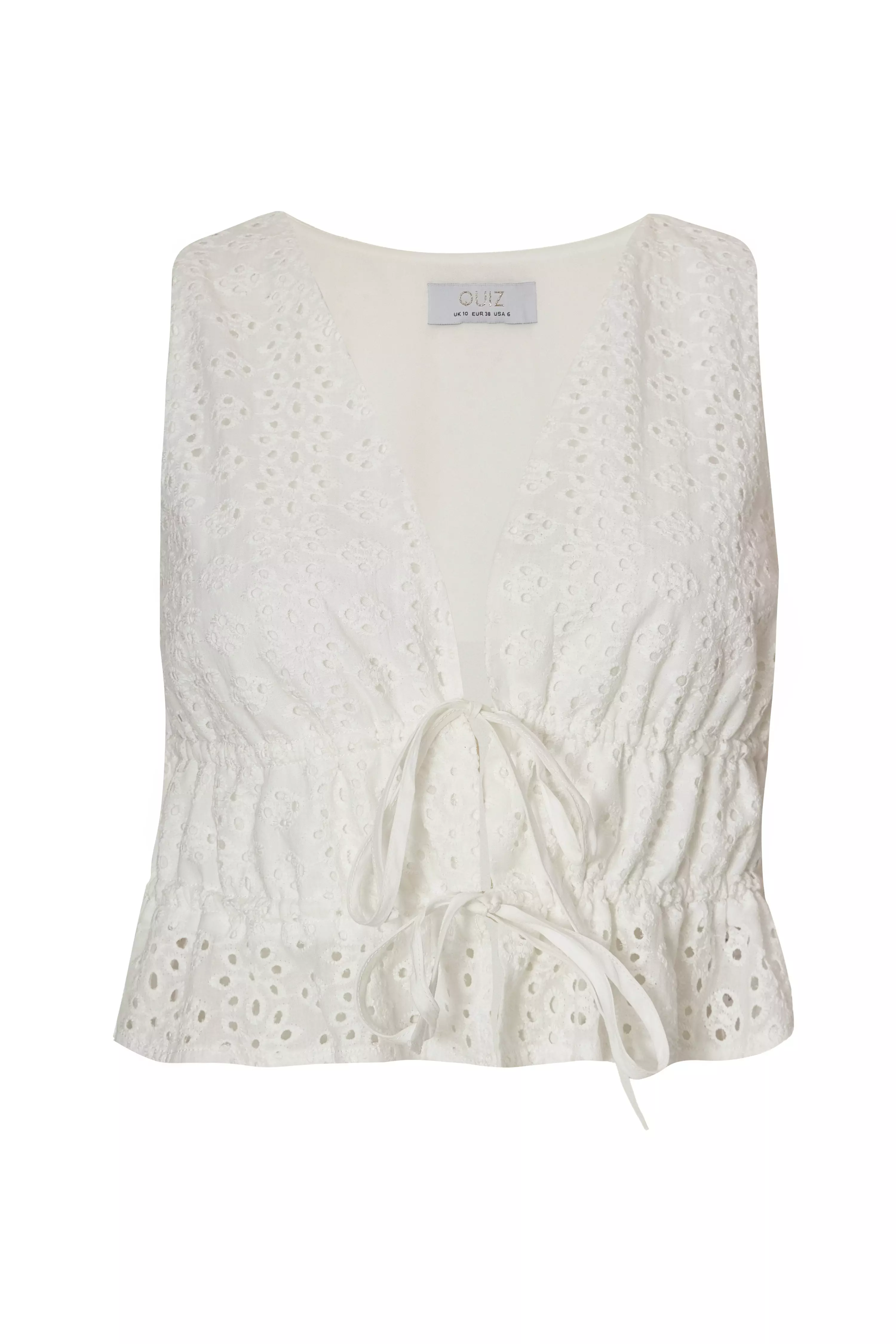 White Embroidered Tie Front Top