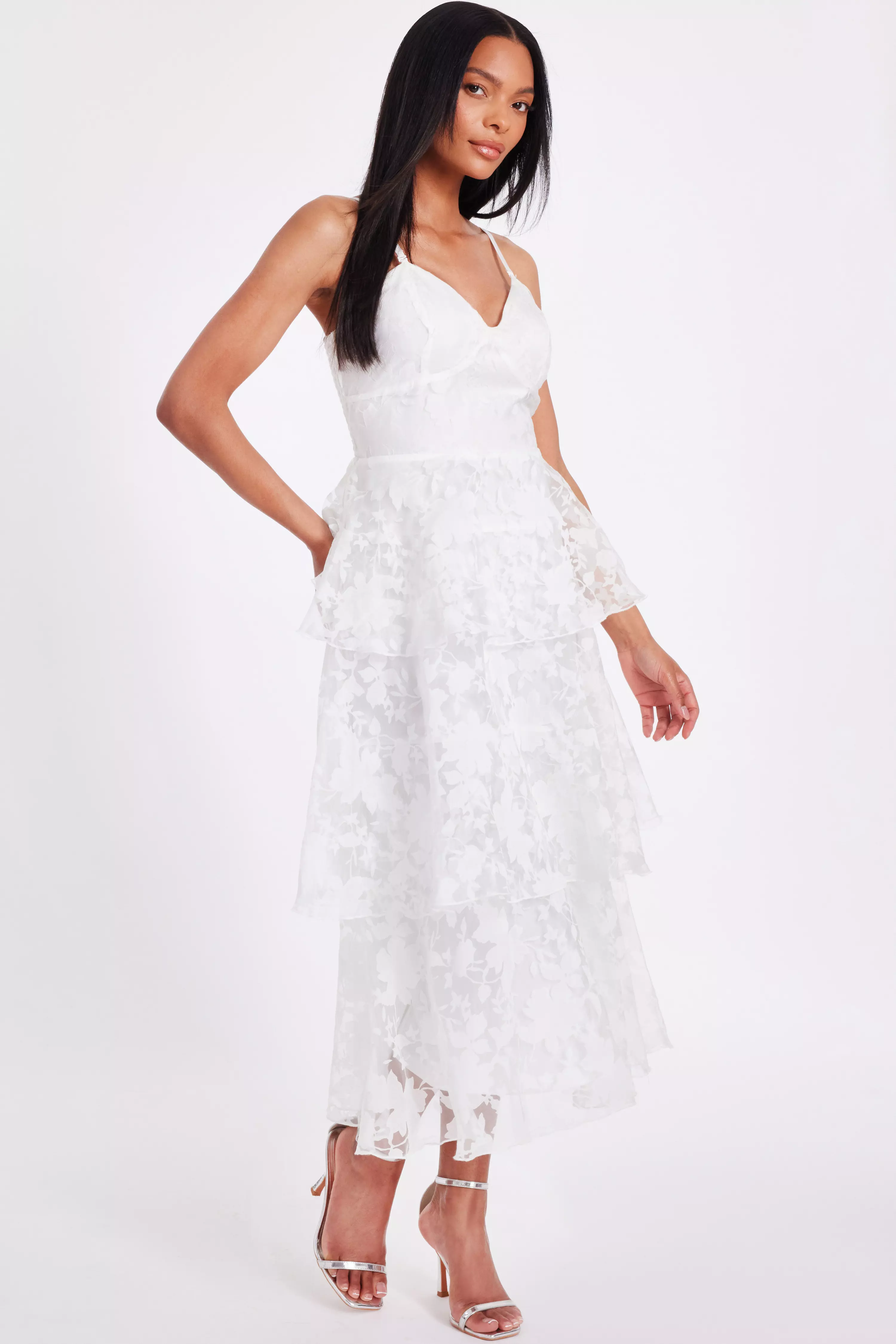 White Chiffon Floral Midaxi Dress